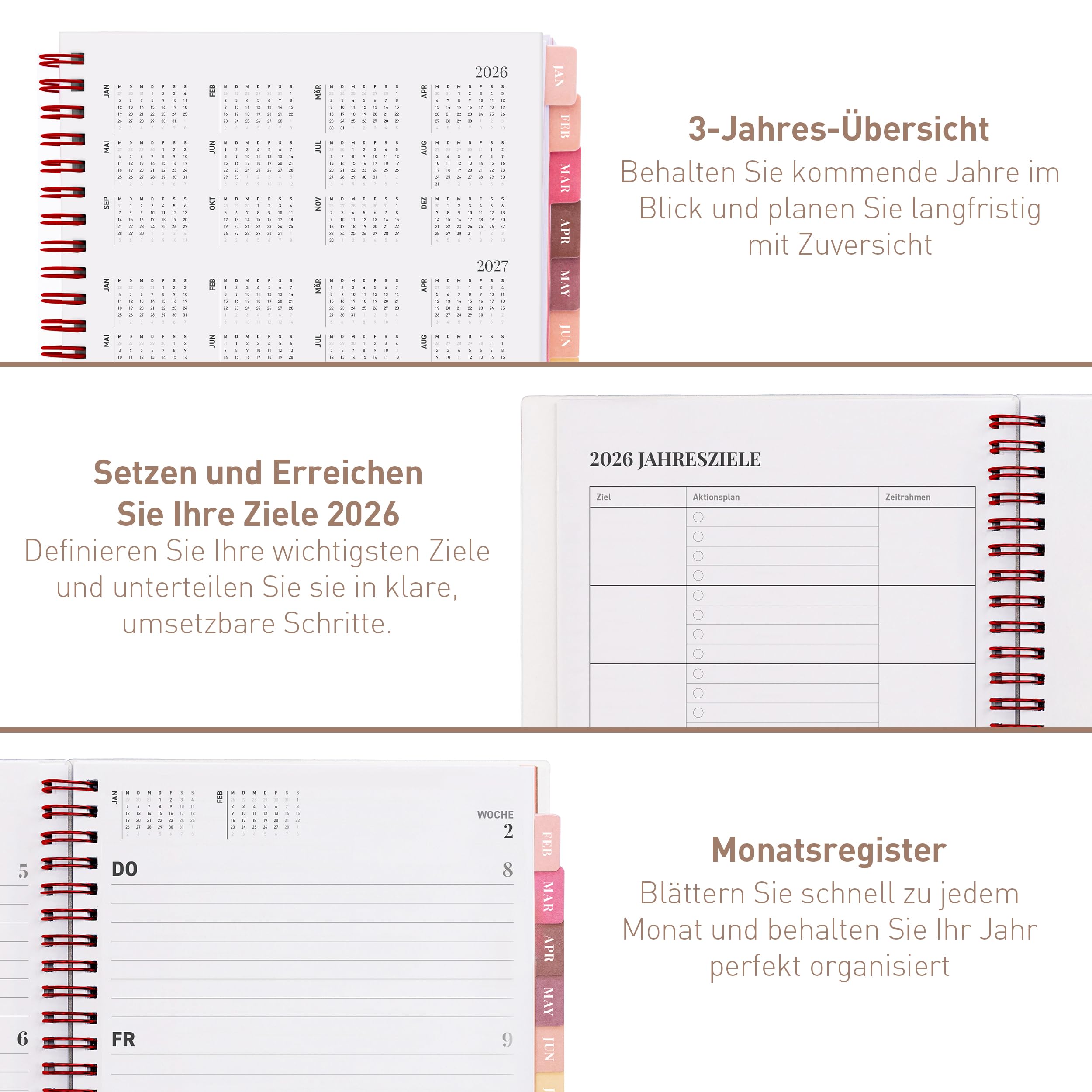 Rileys & Co 2026 pływający planer tygodniowy, tygodniowy i miesięczny, elastyczna okładka, strony na notatki, wiązanie podwójne, 20 x 15 cm, różowy, francuski