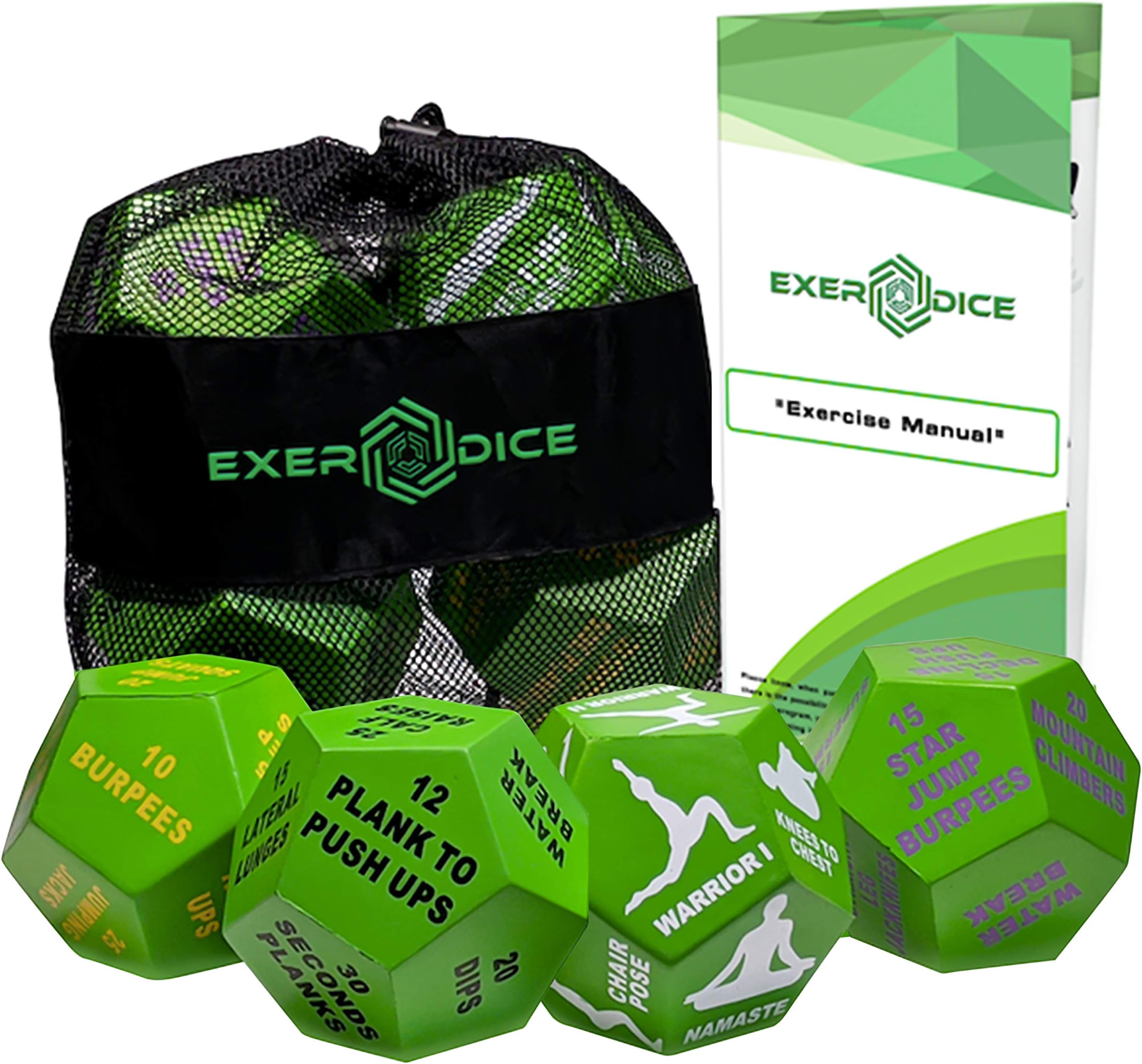 4-Pack Exercise Dice Bundle with Fitness Manual & Bag | Perfect for HIIT, Cardio, Yoga, Stretching, Strength Training, Sports, Crossfit, Plyometrics, Body Weight, Group Class, All Ages, WOD
