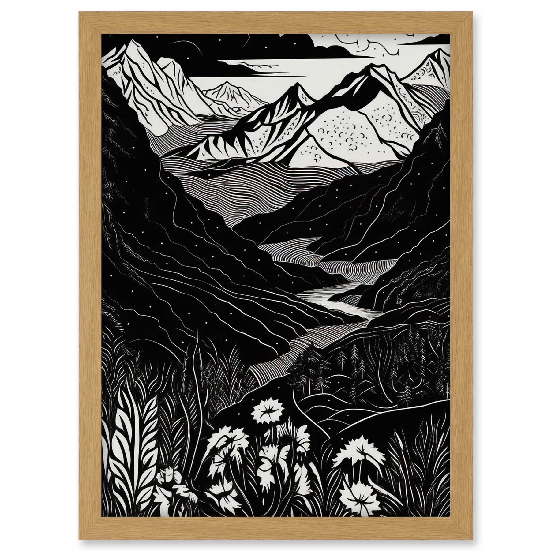 Artery8 Wildflowers in Spring Mountain Landscape Linocut Artwork Framed A3 Wall Art Print