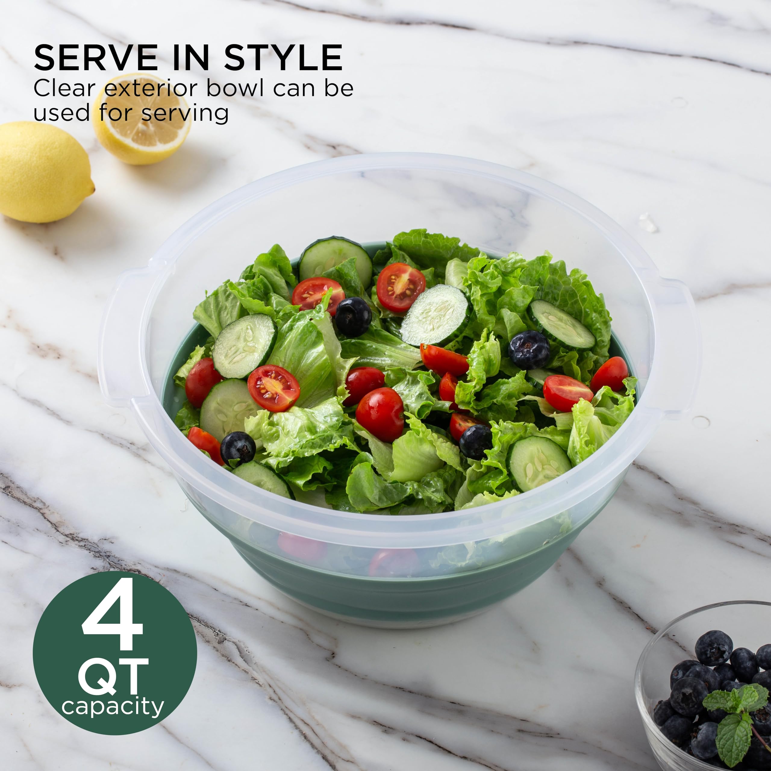 COOK WITH COLOR Zusammenklappbare Salatschleuder, platzsparender Salattrockner mit faltbarem Sieb, ideal zum Waschen und Trocknen von Obst und Gemüse, Salbei, 4 l