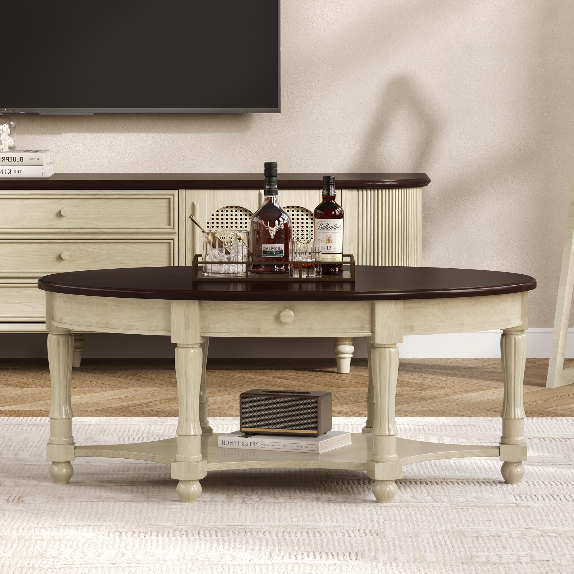 Merax 45" Vintage Oval Rubber Wood Coffee Table with Drawer and Storage Shelf, Antique Cocktail Tables, French Country Accent for Living Room, Beige +
