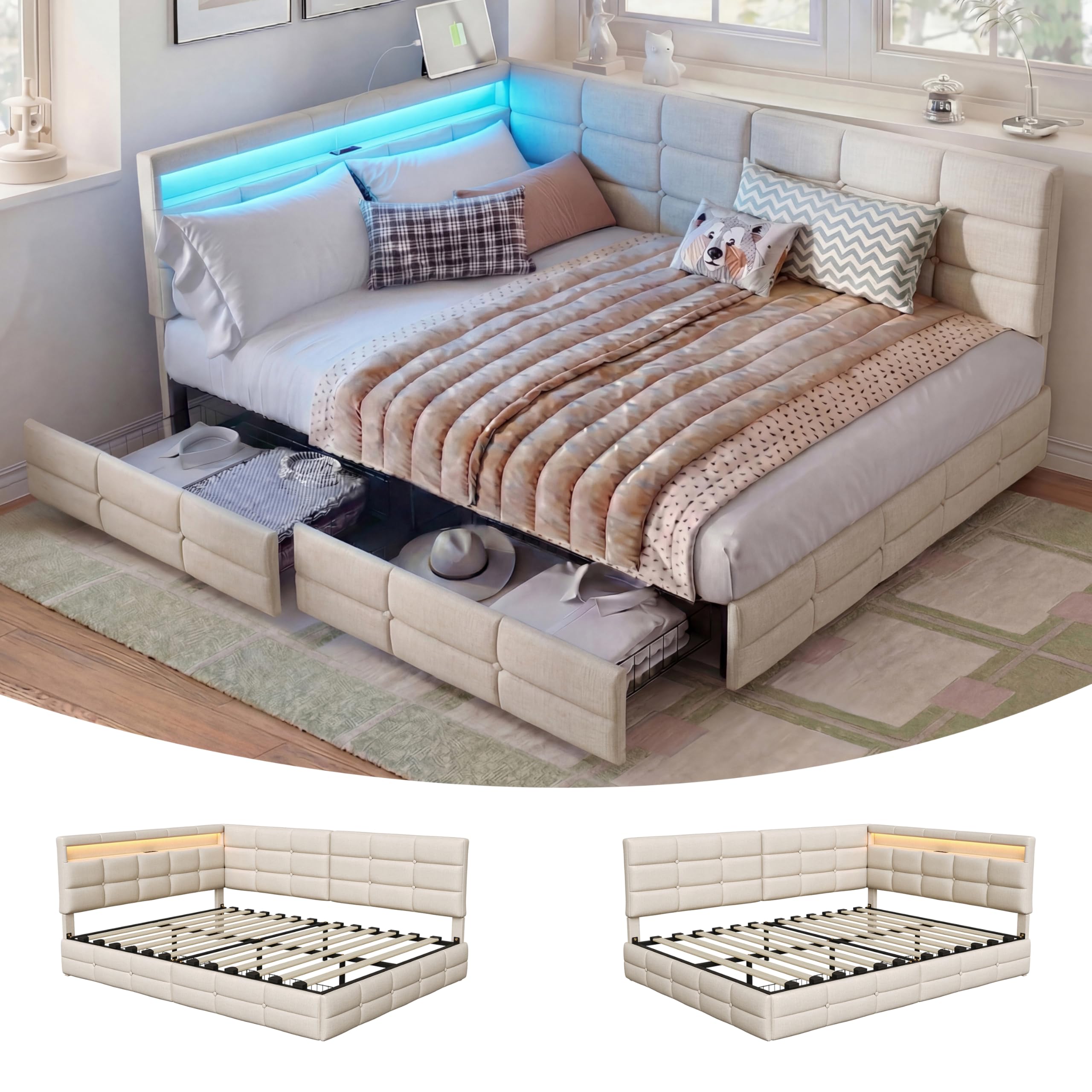 łóżko tapicerowane/sofa 140 x 190 cm, z oświetleniem LED i stacją ładowania USB, łóżko młodzieżowe/tapczan z miejscem do przechowywania i 2 szufladami, łóżko dla gości/rama łóżka ze stelażem