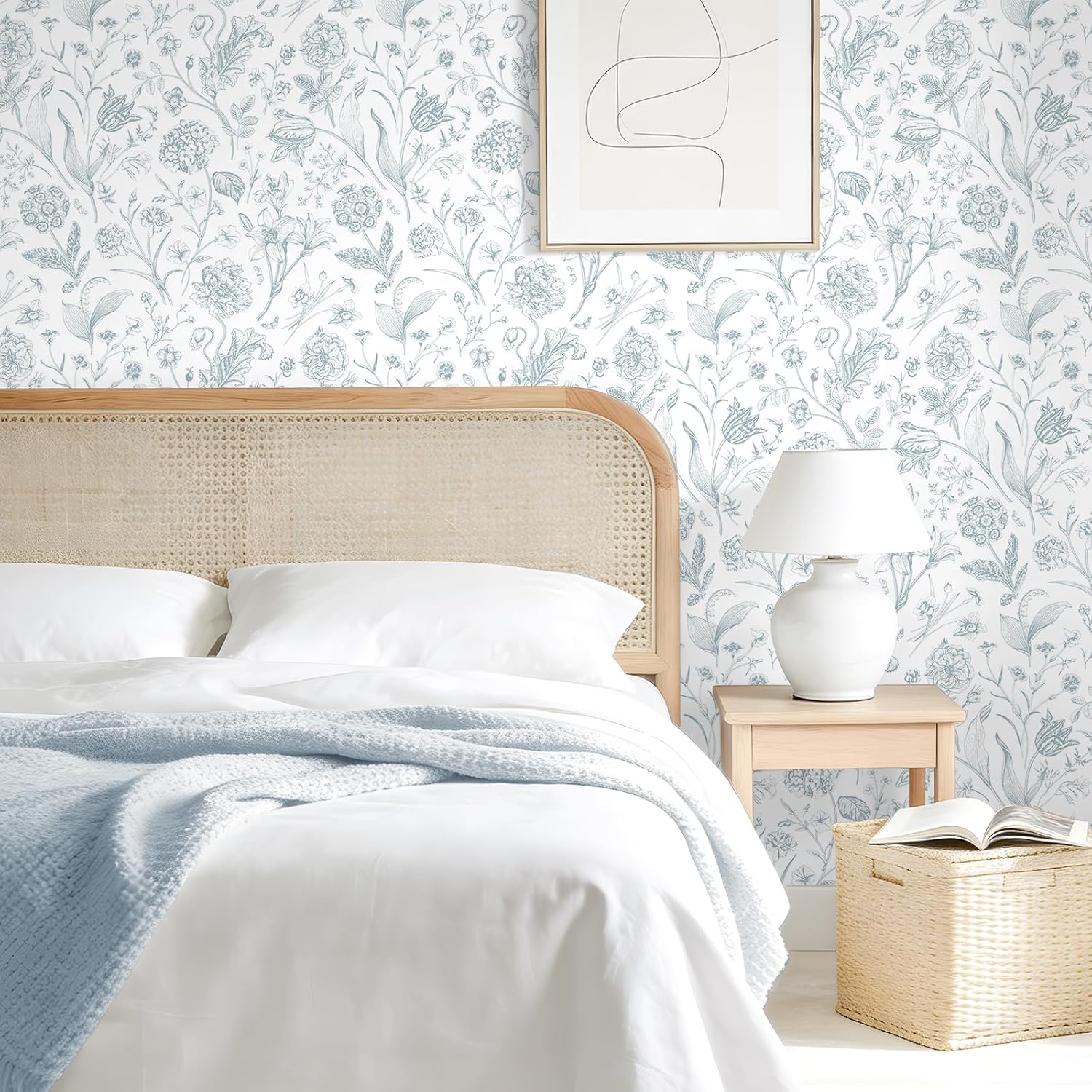 VEELIKE Soft Sketch Blue and White Floral Wallpaper Peel and Stick Toile Wallpaper for Bedroom Bathroom 17.7''x354'' Self Adhesive Contact Paper Removable Floral Wall Paper for Room Furniture Decor