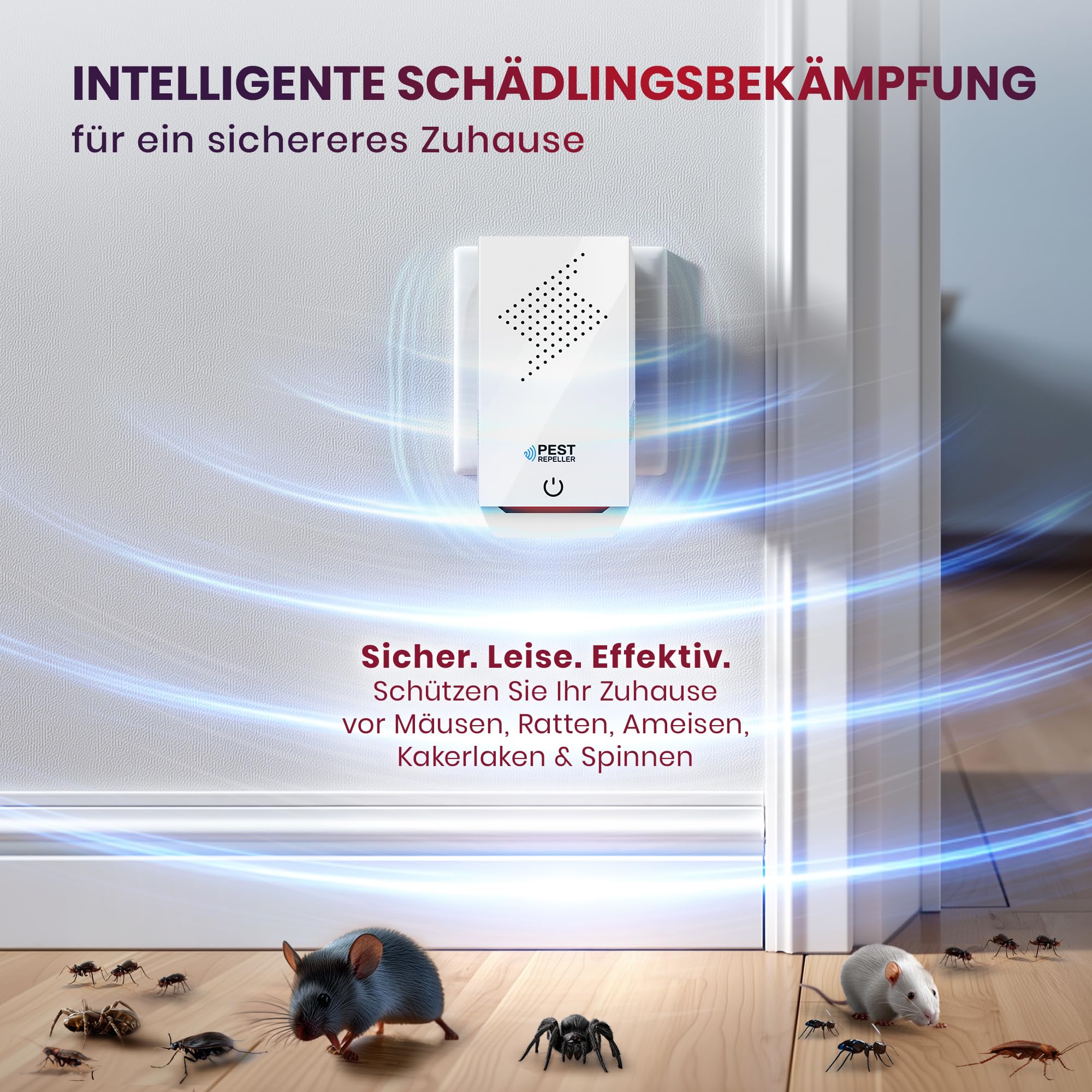 Ultraschall-Schädlingsbekämpfer für Innenräume – 1 Pack – Deckt 140m² pro Gerät ab – 3 Modi – Vertreibt Mäuse, Ratten, Spinnen, Mücken, Ameisen, Insekten & Fliegen, HX-168 (Weiß)