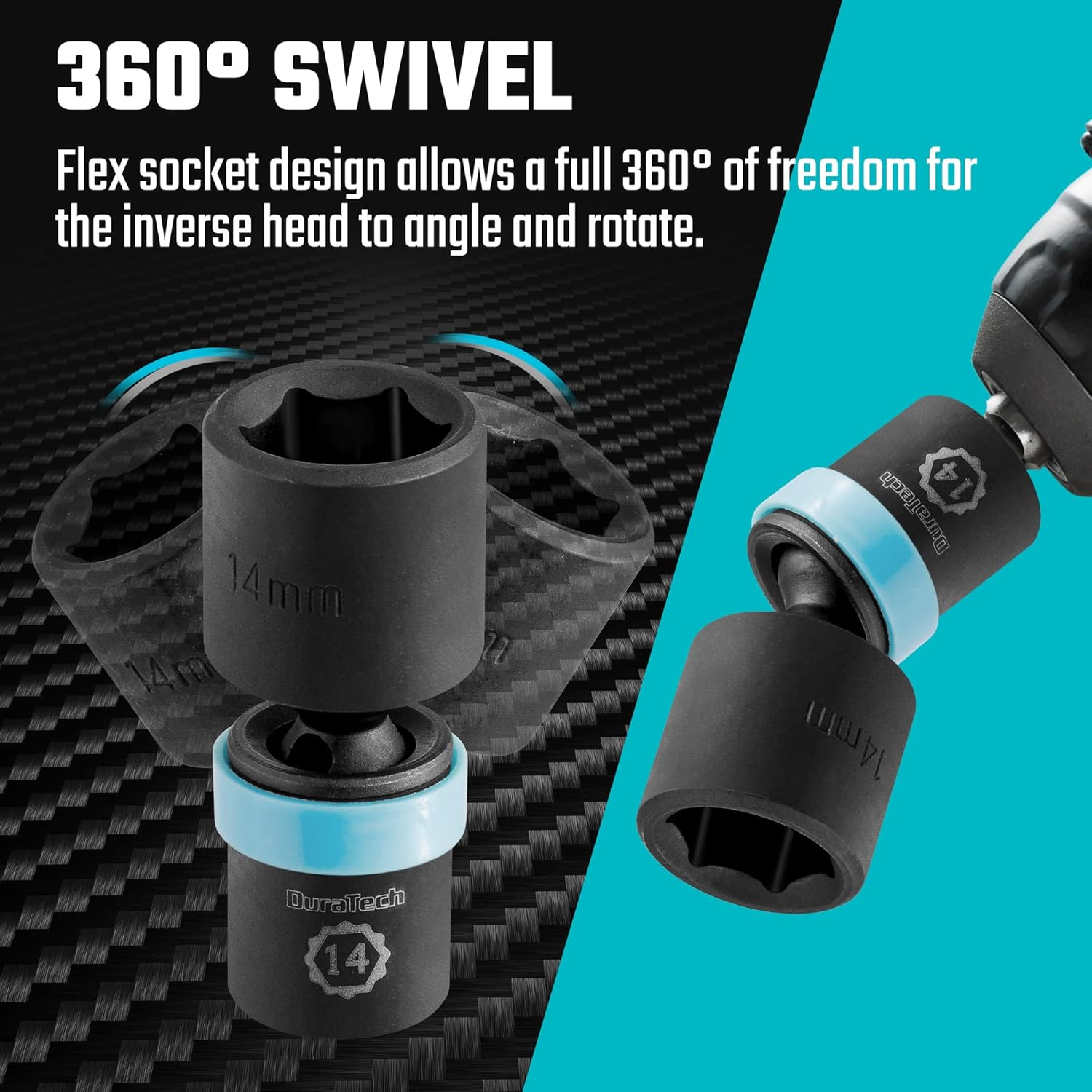 DURATECH 1/4" Drive Impact Universal Joint Socket Set, Swivel Socket Set, 14-Piece, Metric Impact Sockets (5-15 MM) with 2" Extension Bars, Cr-Mo Steel, Organized in EVA Foam Organizer