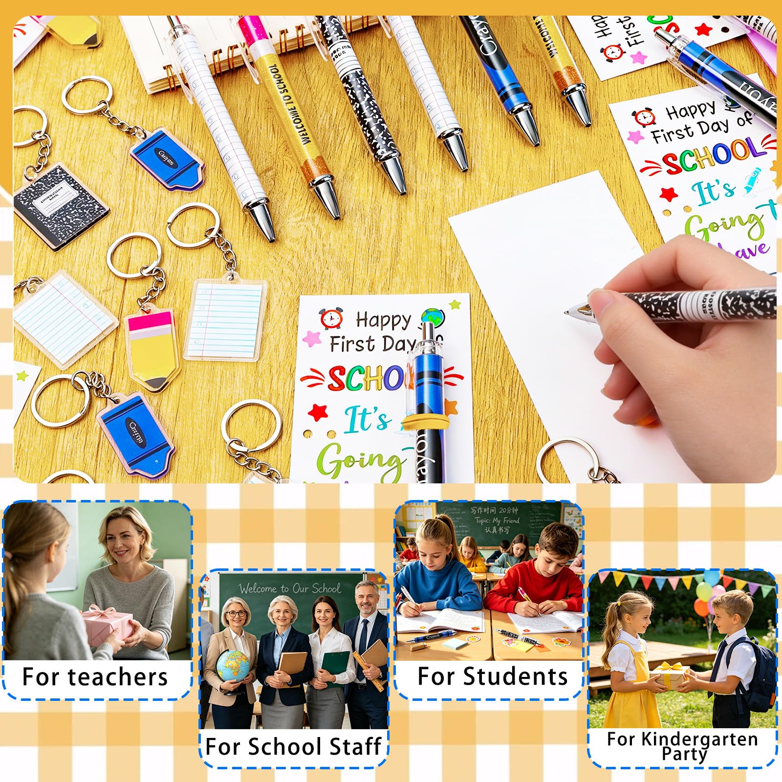 Lot de 72 cadeaux de rentrée scolaire pour étudiants, enseignants, stylos à bille, porte-clés avec cartes de vœux pour le premier jour d'école, récompenses en classe, fournitures de fête