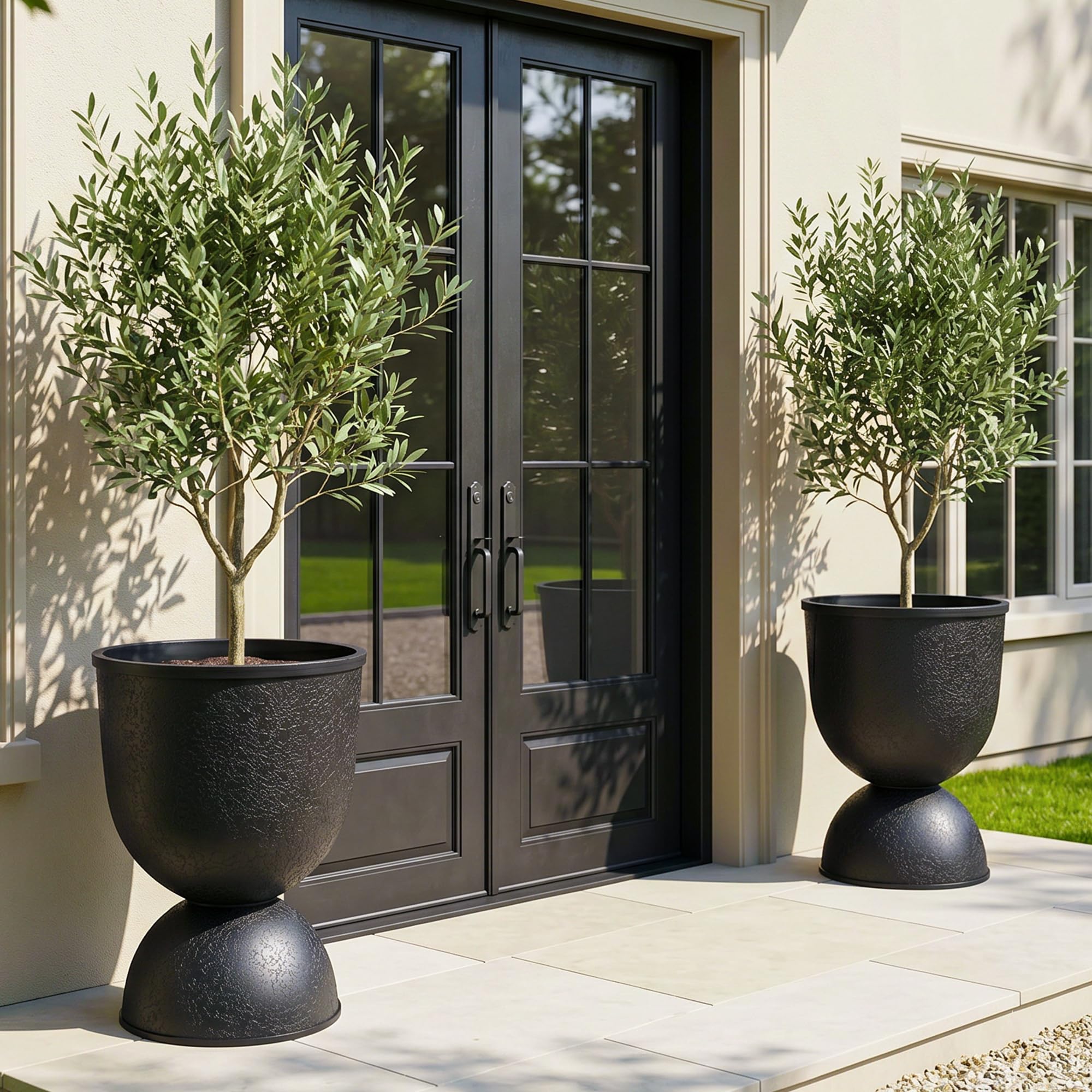 KOL Macetas para flores, macetas de plástico para plantas de interior y exterior, macetas de pedestal negro, 2 unidades, macetas decorativas de 18 pulgadas de alto con agujeros de drenaje y tapones