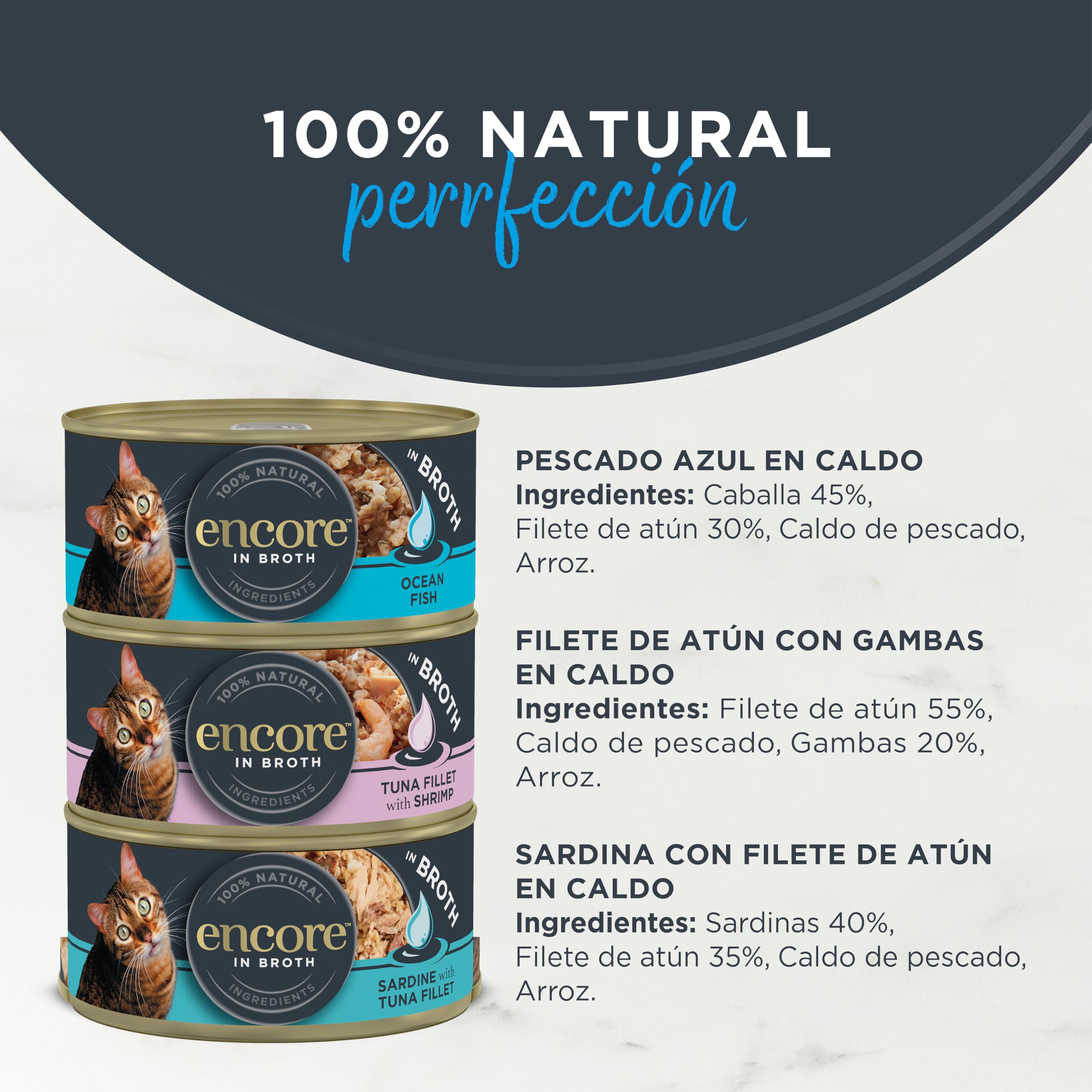 Encore Comida Húmeda Natural Gatos, Multipack de Selección de Pescado en Caldo para Gatos Adultos, Paquete de 48 Latas de 70 g