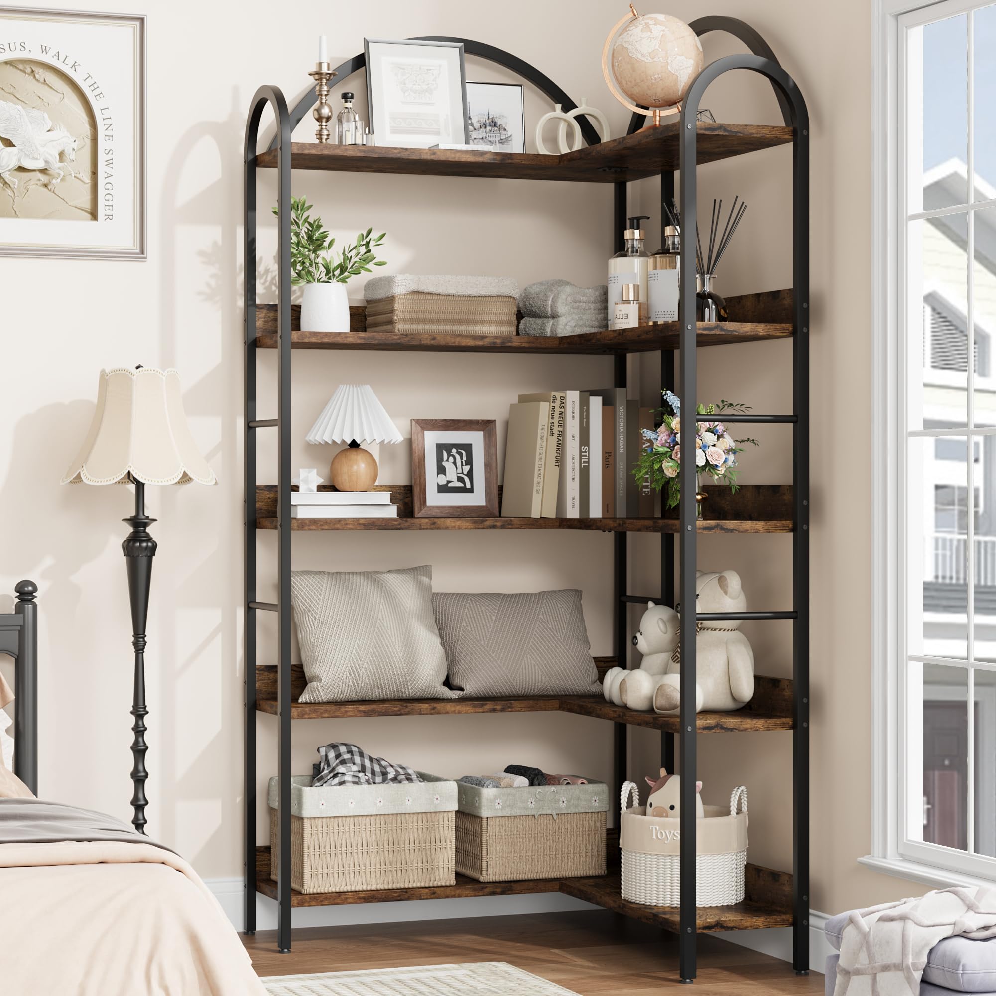 5-Stöckiges Eck-Bücherregal mit Gebogenem Metallrahmen, L-Förmiges Dekoratives Großes Bücherregal Aus Holz und Metall, Bodenstehendes Eckregal für Schlafzimmer, Wohzimmer, Home Office, 174x78x78cm