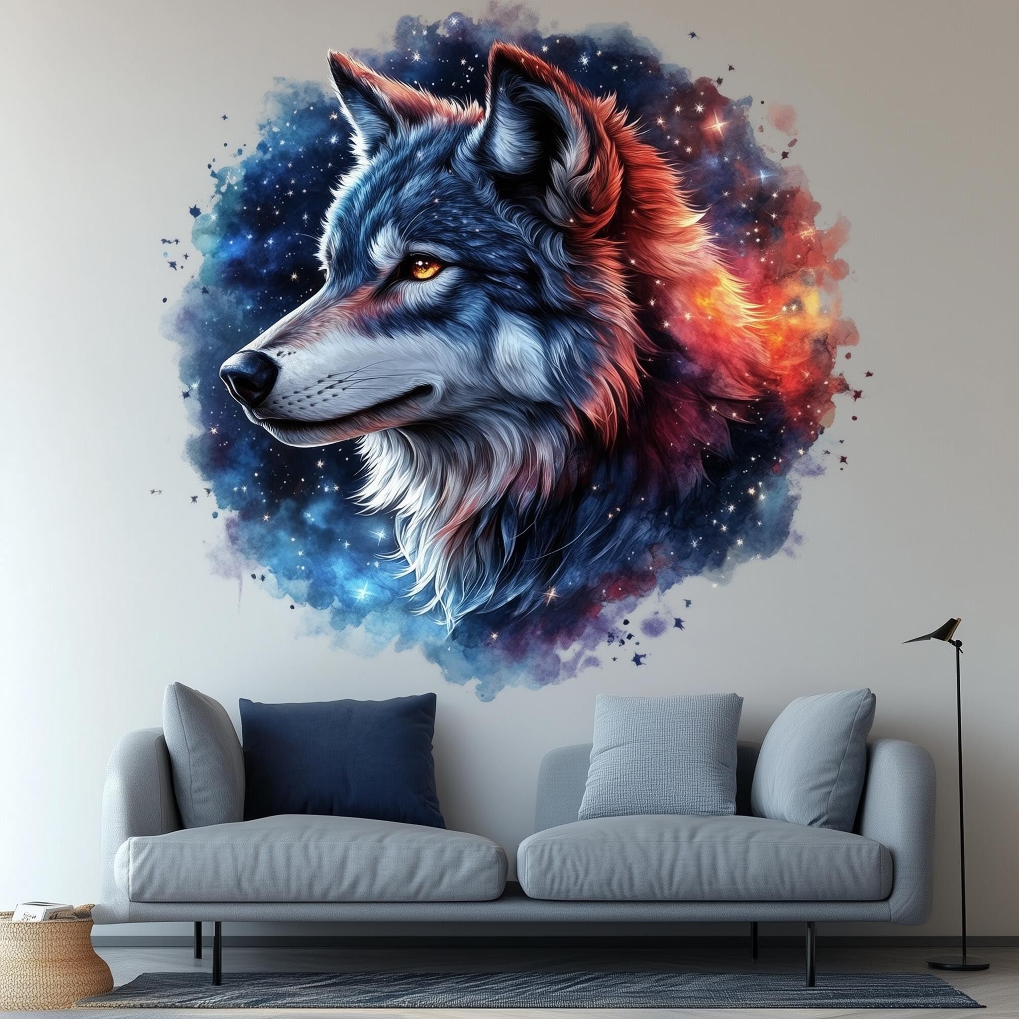 Wandtattoo, Motiv: Himmlischer Wolf, 3D-Wandbild, Motiv: kosmischer Wolf, mystische Tier-Wandaufkleber, Dekoration für Wohnzimmer, Schlafzimmer, von der Natur inspirierter Akzent