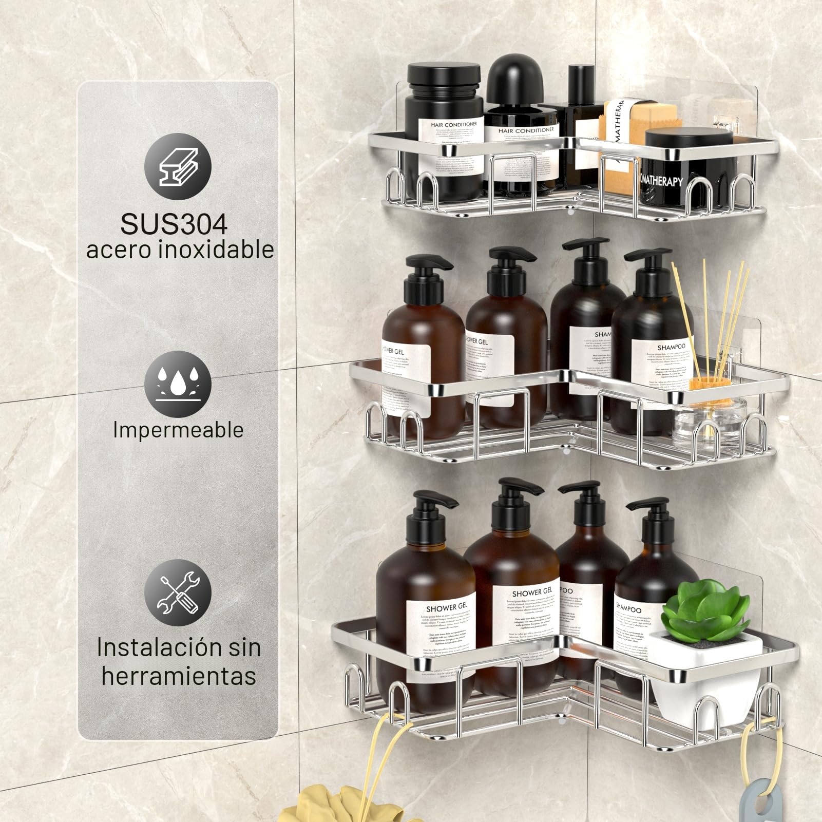 Estanteria Baño de Acero Inoxidable SUS304, Rinconera Ducha Sin Taladro, Bathroom Organizer, Estante Ducha para Almacenamiento Champú Gel, Plata (3 Piezas)