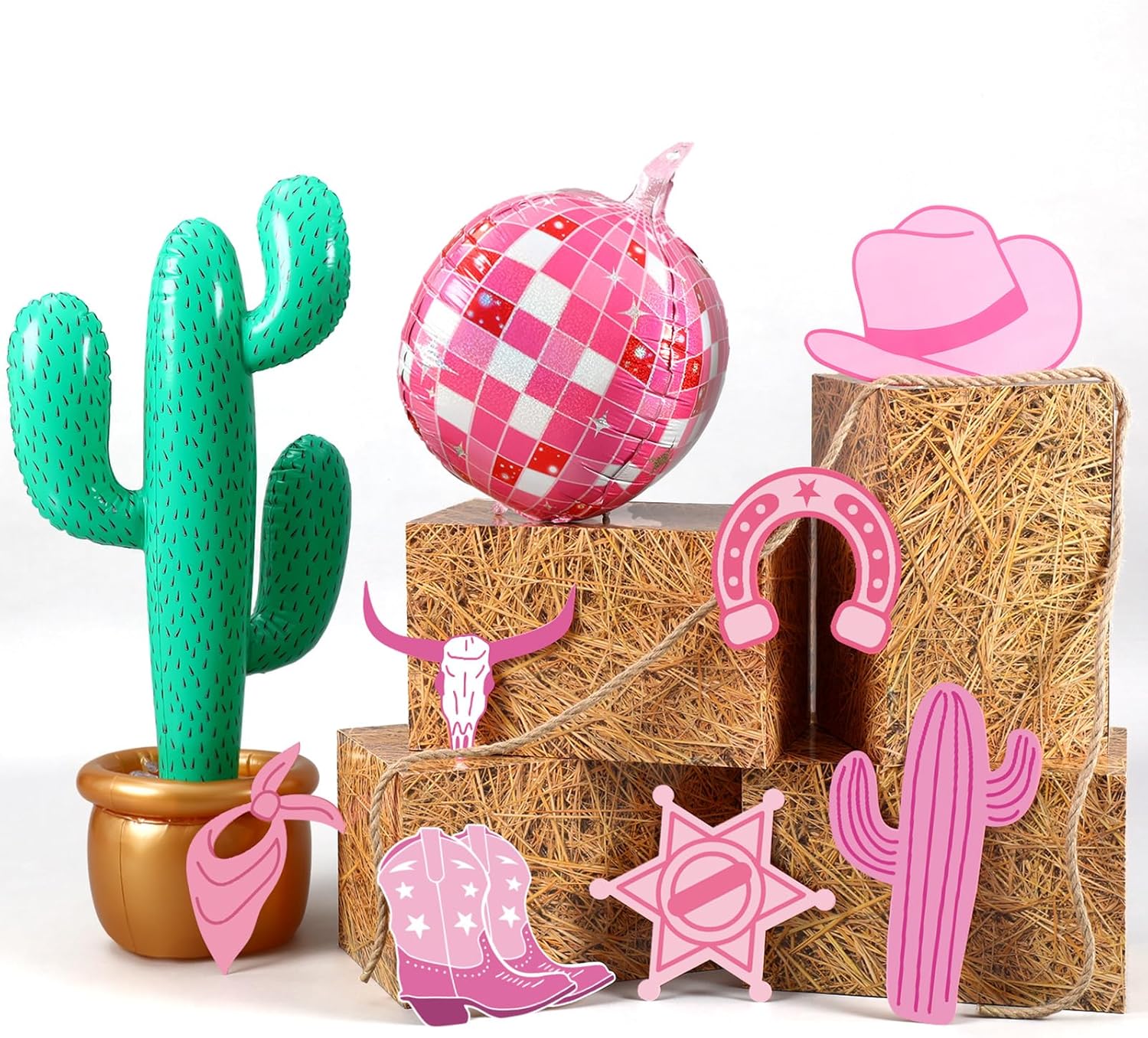 14 Pcs Western Cowboy Party Decorations Hay Bales Straw Boxes Cactus Inflatable Cowgirl Card Hat Horseshoe for Western Birthday Theme Party(Cute,Pink) Pink Cute