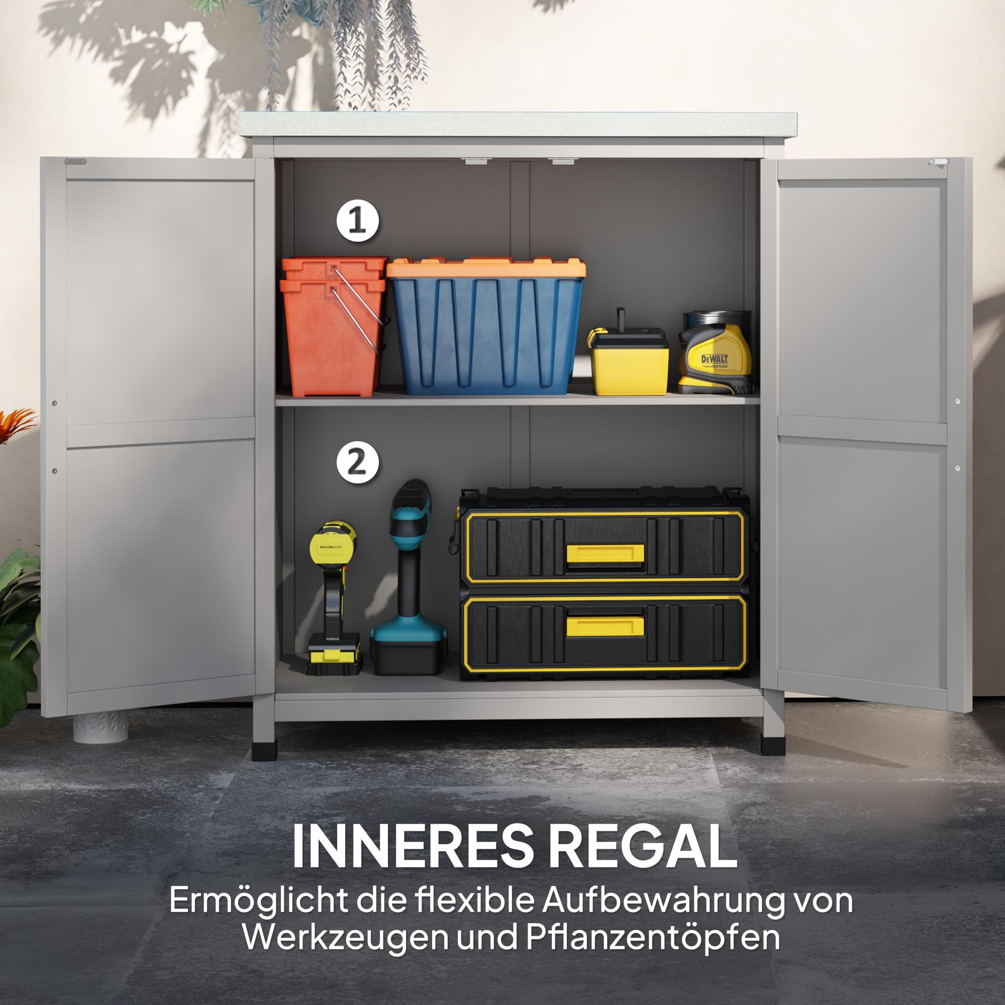 Outsunny Gartenschrank mit Pflanztisch Holz Geräteschuppen verzinkter Arbeitsplatte 2 Regalböden Doppeltür 79 x 43 x 92cm Grau