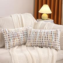 LUOYEHK Boho Throw Pillow Covers 12x20 Inch Set of 2 Chenille Tufted Pillow Case Farmhouse Neutral Lumbar Cushion Covers for Couch Sofa Bed Living Room, Orange White