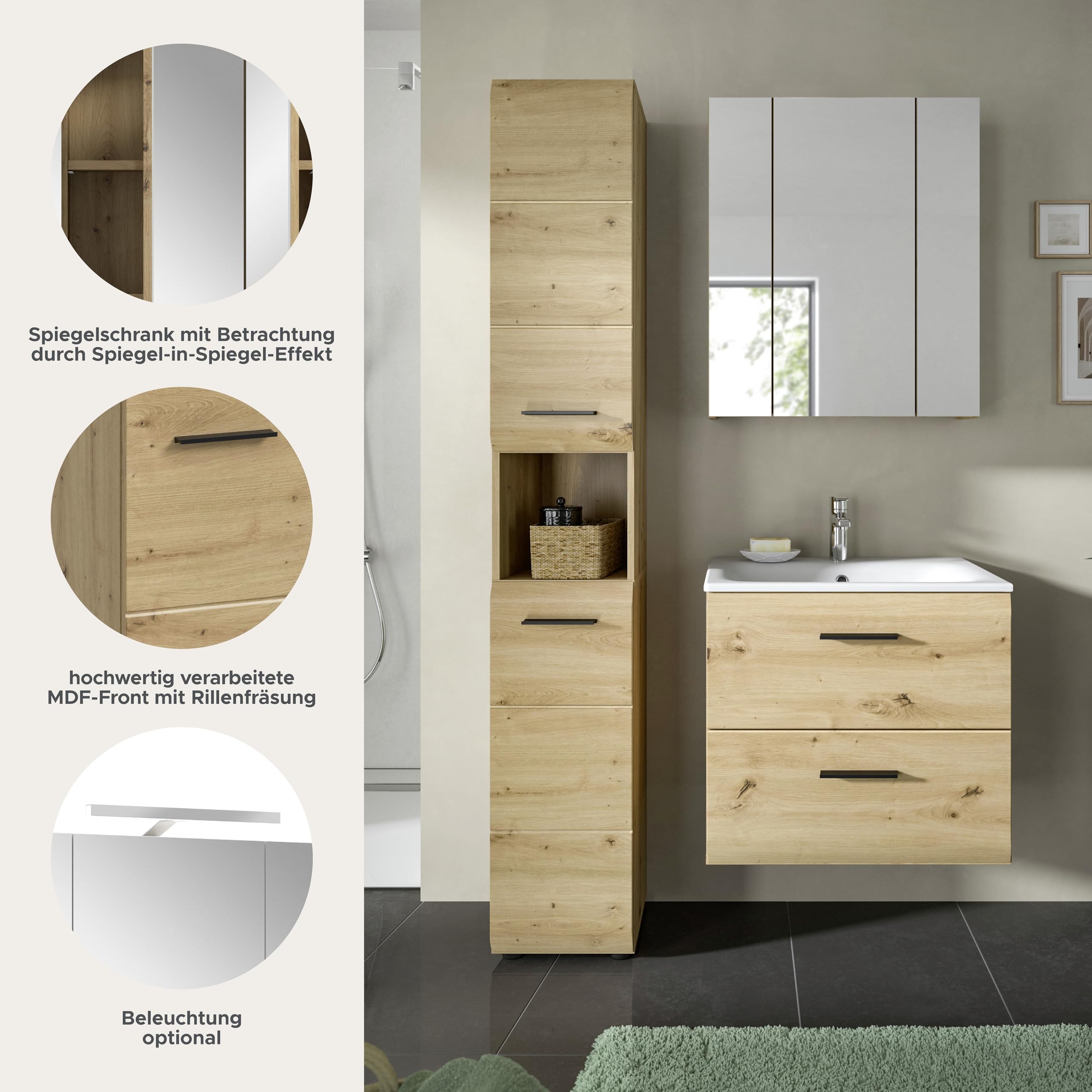 xonox.home – 3 TLG. Badmöbel-Set Ice 105x185x46 cm in Korpus und Front Artisan Oak Nachbildung – Zeitgemäße Kombination für Dein Bad – funktional – Bild 8