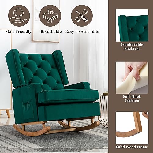 Miniatura 4 de QQU Mecedora con brazos, silla de ocio para interiores, cómoda silla de respaldo alto con base de madera maciza, bolsillo lateral para sala de