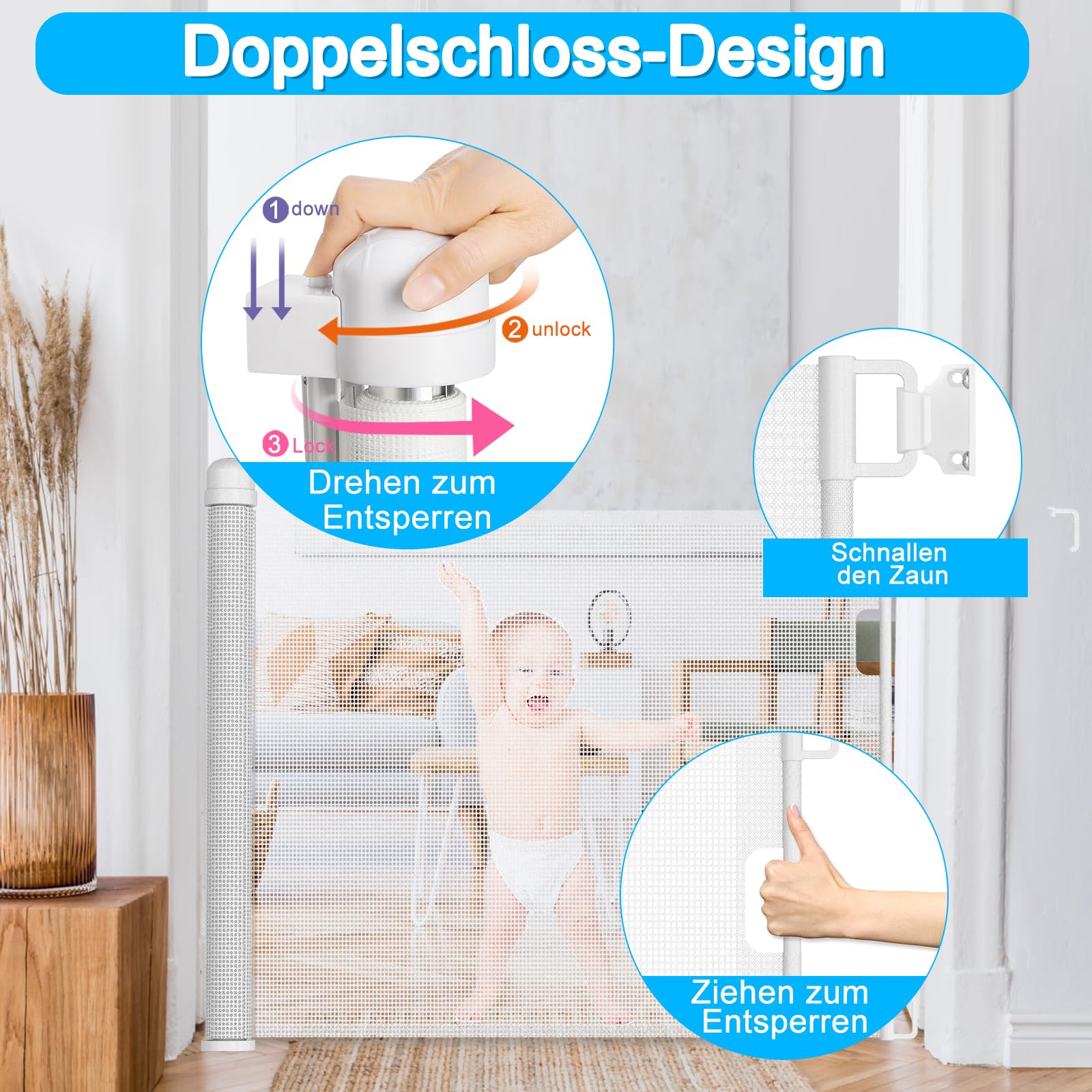 UISEBRT Deurbeschermingshek, roll, trapbeschermingsrooster, uittrekbaar, 0-300 cm, afsluitrooster, hond, deurrooster voor baby's en huisdieren, wit