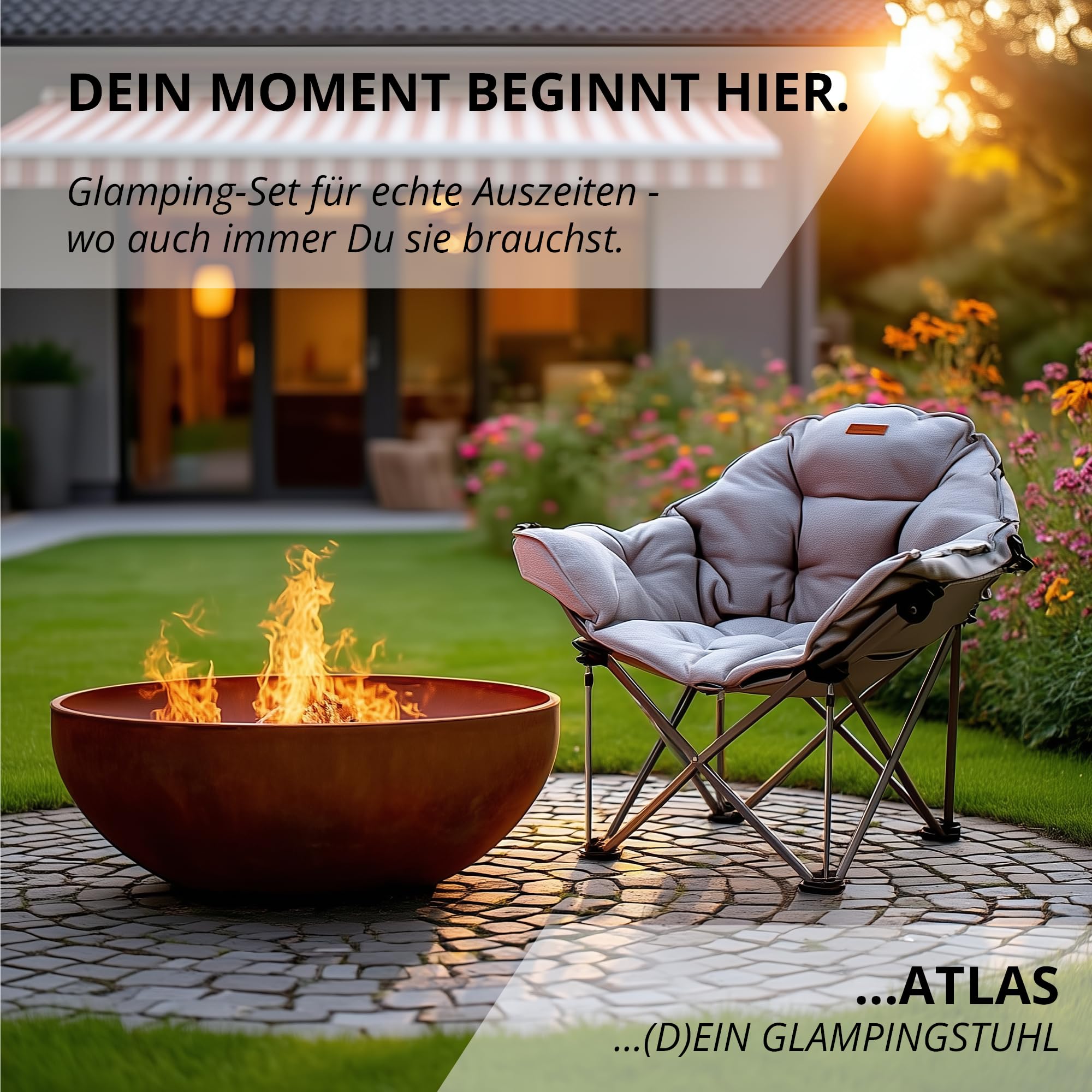 Eclipse Glampingstuhl Outdoor Campingstuhl Moonchair Super 200 KG | Soft Relax Stuhl klappbar Strandstuhl Balkonstuhl oder Gartenstuhl mit Tragetasche Modell: Atlas, Stofffarbe Stuhl:Grau