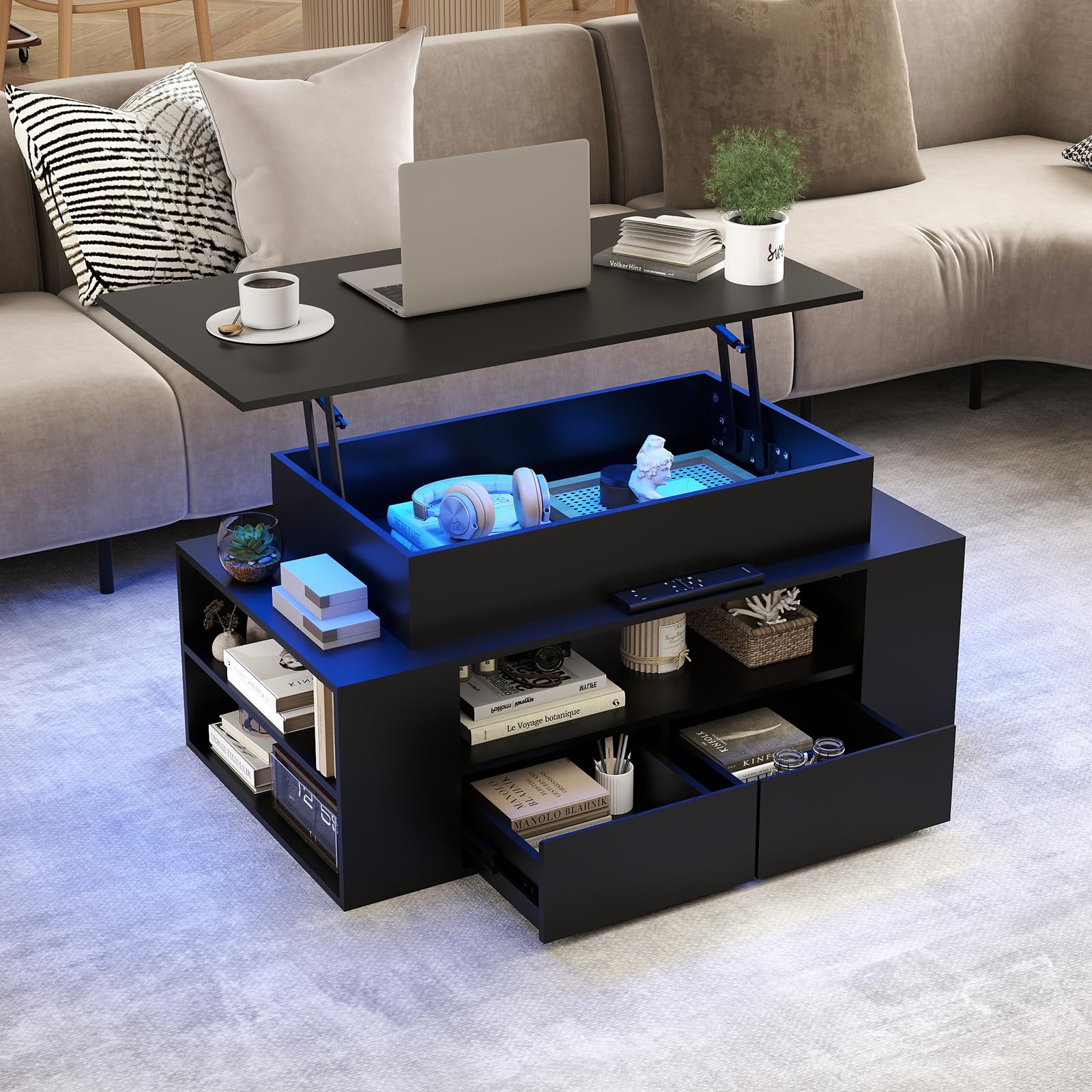 YU YUSING Couchtisch Höhenverstellbar mit Stauraum und LED, Wohnzimmertisch mit Verstecktem Fach und 2 Schubladen, Beistelltisch Umwandelbar in Esstisch, 90x50cm Sofatisch für Wohnzimmer, Schwarz