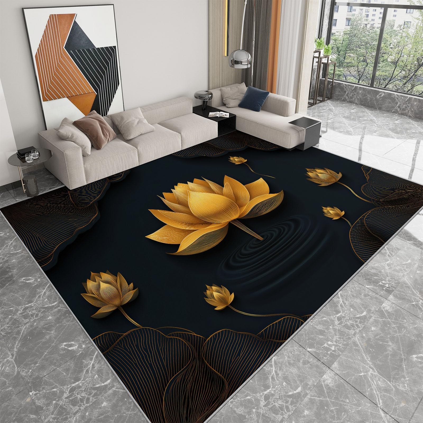 Tapis salon 180x240cm lotus d'or : grand tapis moderne lavable