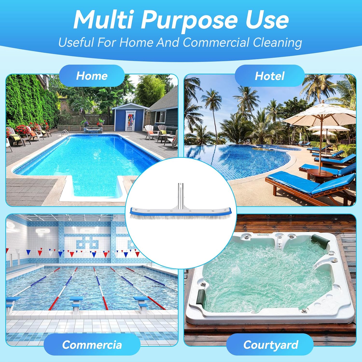 Pool Brush, 17" Heavy Duty Nylon Pool Brush & Wire Bristle Head, Stainless Steel & Nylon Mixed Bristles for Extra Scrubbing Power, Curved Edge, 35° Angle for Inground & Above Ground Pools