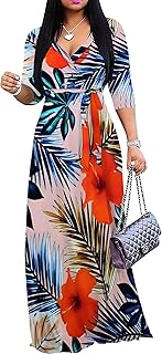 Women's Casual Floral Maxi Dresses V Neck 3/4 Sleeve Tie Waist Dress Summer Dresses for Women 2025 - Buy now