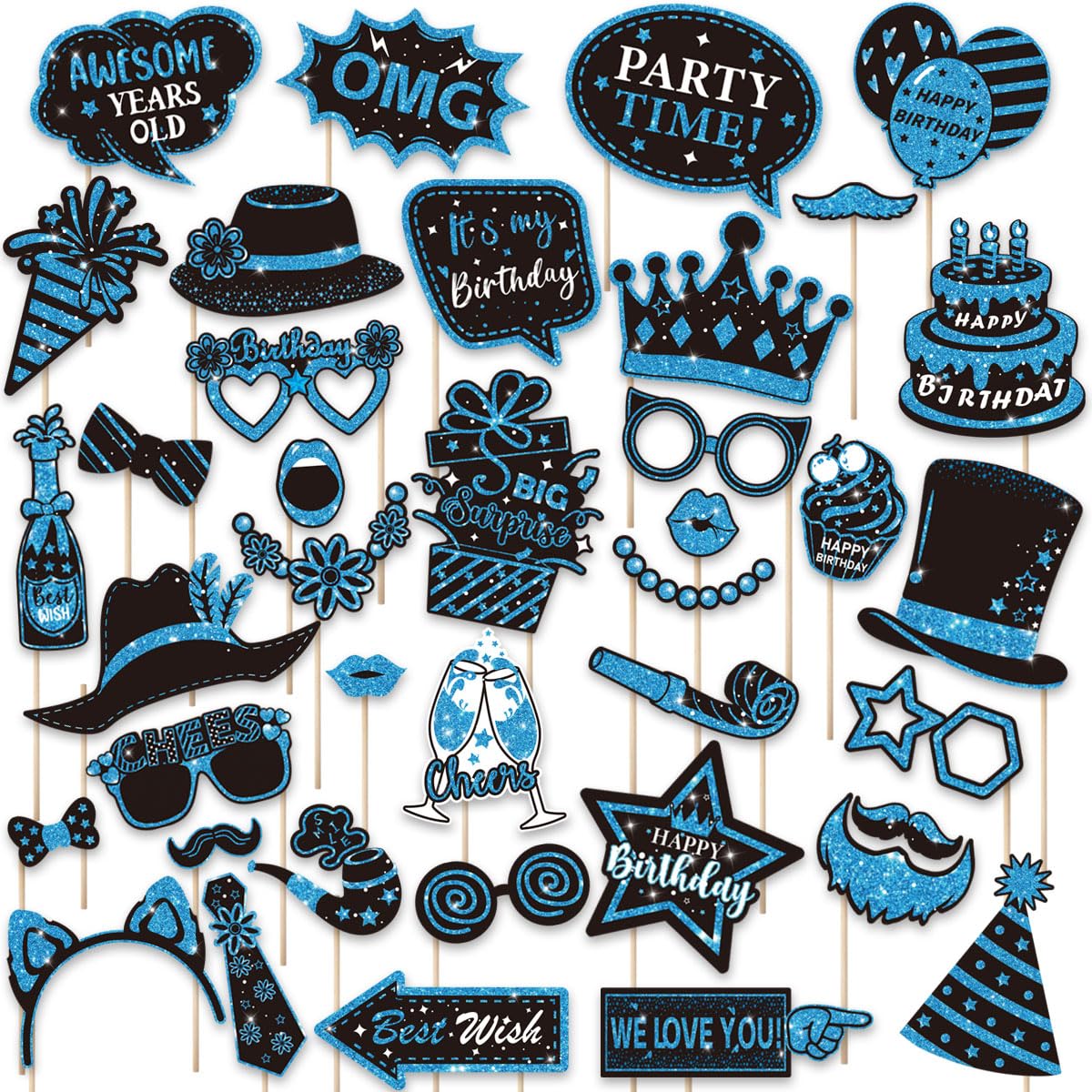 YESAH 38P Birthday Photo Booth Props,Black&Blue Photo Booth Props Kit,Party Accessories for Birthday Christmas Halloween,party decorations for men,Moustache,Hats&Crowns Funny Photobooth Supplies