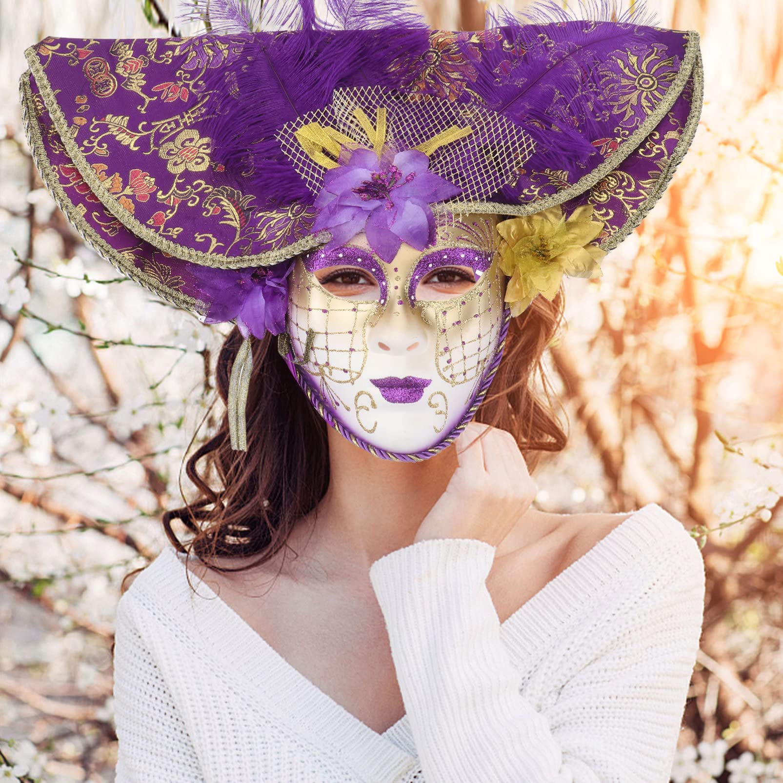 Masque Vénitien Visage Complet pour Femmes, Grand Chapeau Décoratif