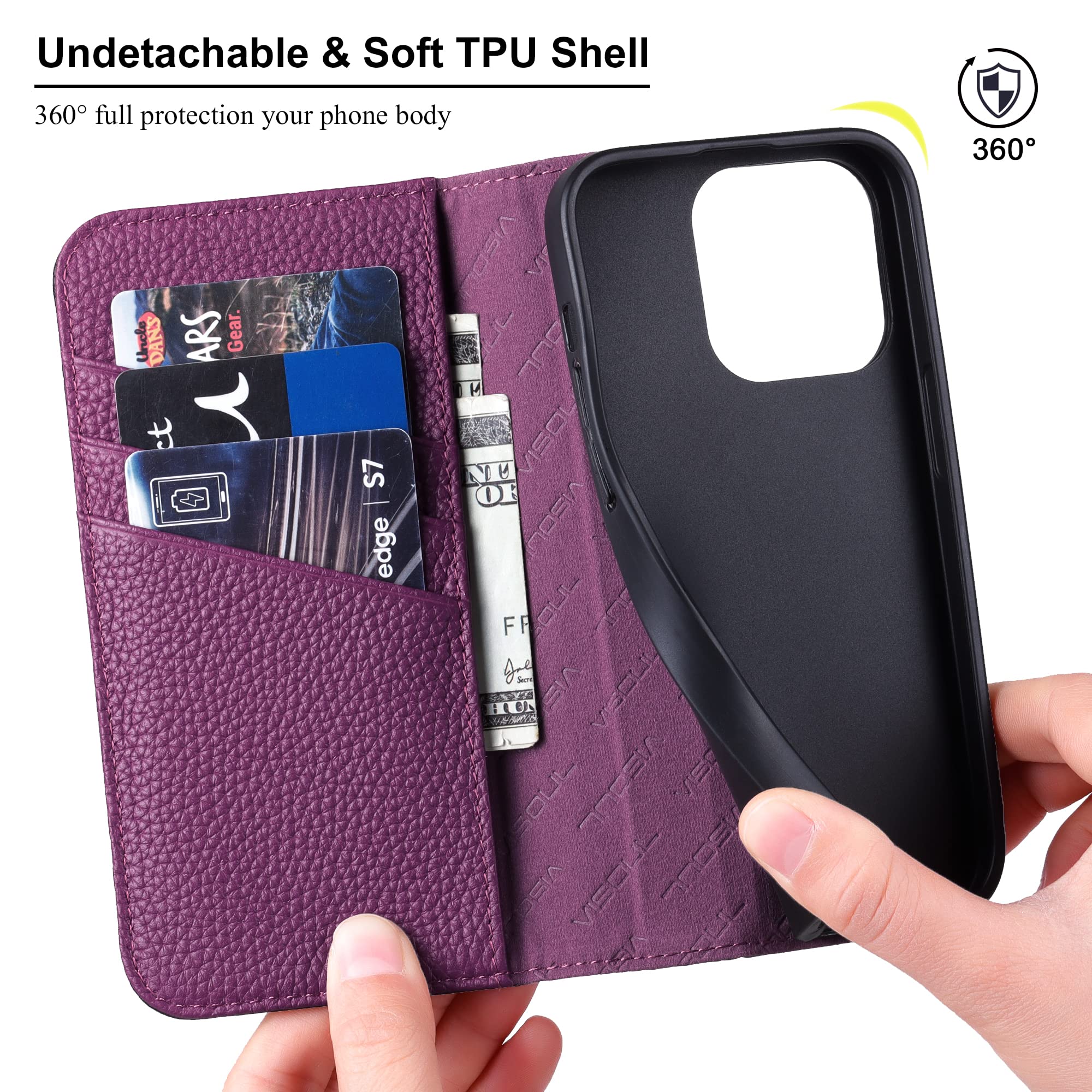 VISOUL Étui portefeuille en cuir grainé avec porte-cartes pour iPhone 14 Pro pour homme et femme, étui portefeuille à rabat magnétique avec blocage RFID compatible avec iPhone 14 Pro (6,1")