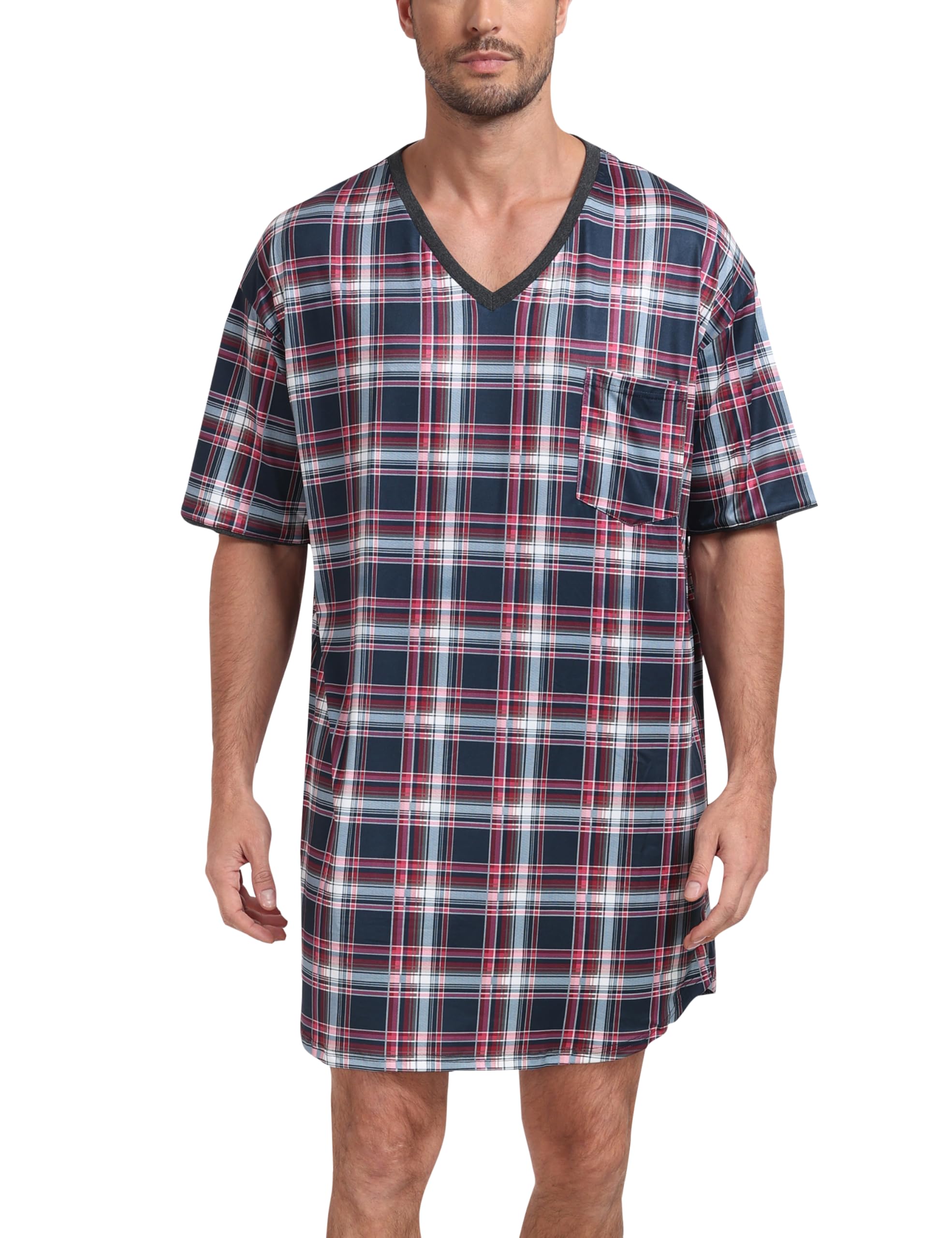 MoFiz Mens Nightgown V-Neck Short Sleeve Big &amp; Tall Soft Loose Pajamas