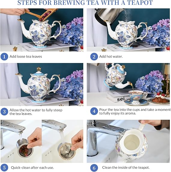 ACMLIFE Teapot with Infuser Elegant Bone China Porcelain Ceramic Tea Pot-Cool Handle & Drip-Free Spout, Classic Vintage Blue and White Teapot Set for One, Gift Packing Box (Blue-A)