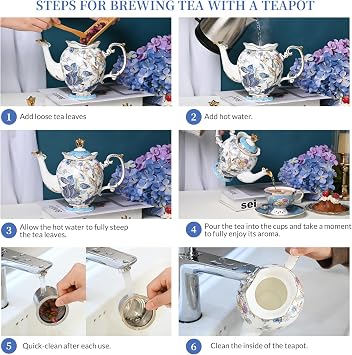 ACMLIFE Teapot with Infuser Elegant Bone China Porcelain Ceramic Tea Pot-Cool Handle & Drip-Free Spout, Classic Vintage Blue and White Teapot Set for One, Gift Packing Box (Blue-A)