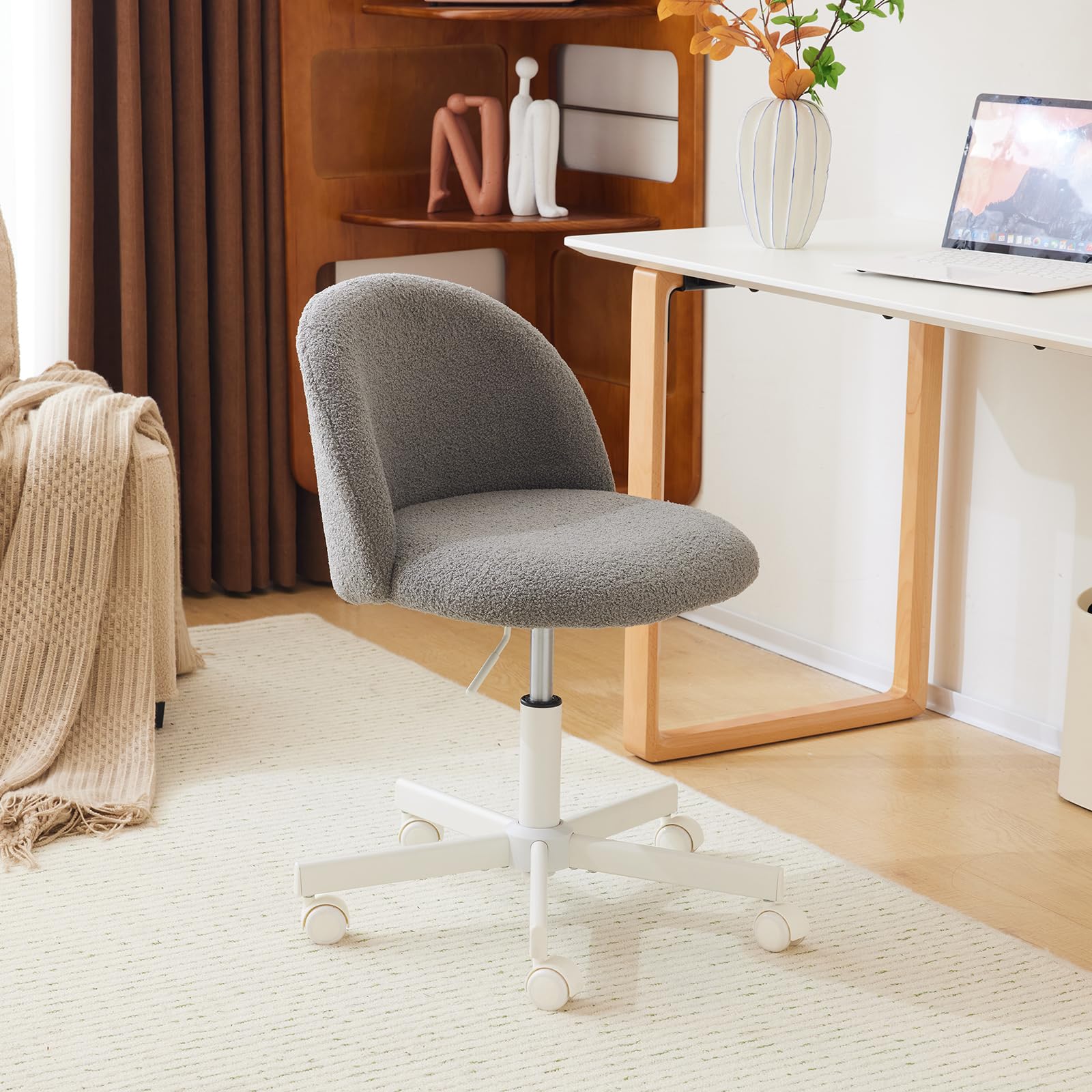 Bonnlo Chaise de Bureau Mignonne sans Accoudoirs, Petite Chaise Confortable, Fauteuil de Coiffeuse avec Support Lombaire, Chaise Pivotante Réglable pour Bureau, Chambre, en Teddy (Gris)