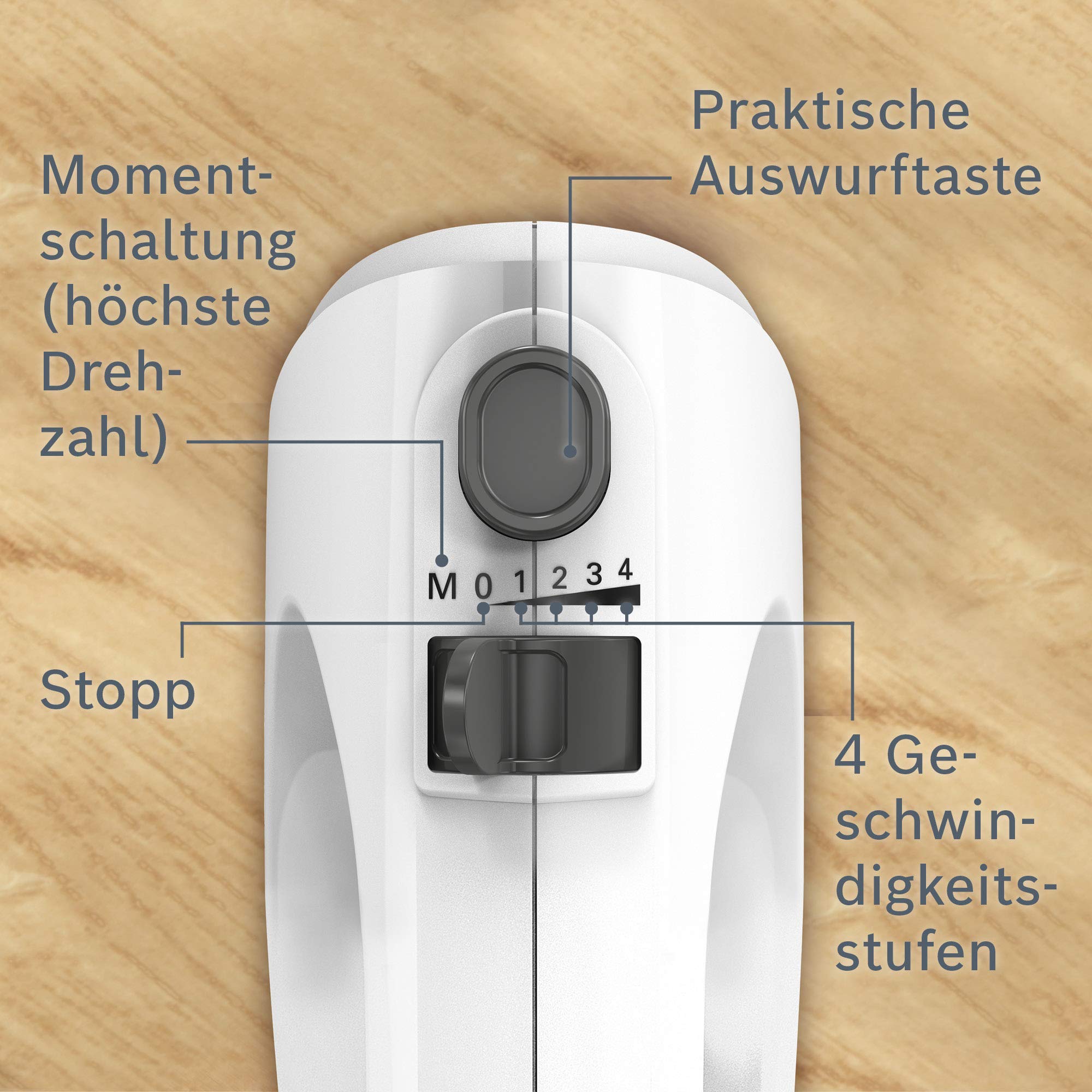 Bosch Handrührgerät, 2 Rührbesen, 2 Knethaken, Edelstahl, spülmaschinenfest, 4 Stufen, Turbostufe, leicht, leise, 400 W, weiß, CleverMixx MFQ24200