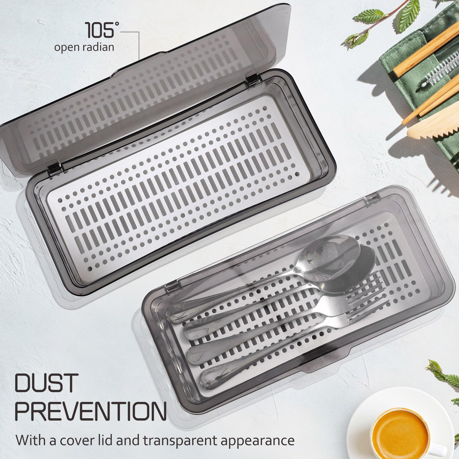 Flatware Trays with Lid 3 Pcs Cutlery Chopsticks Organizer Drain rack for Kitchen Drawer, Silverware Holder Storage Box with Cover, Utensil Drawer Organizer