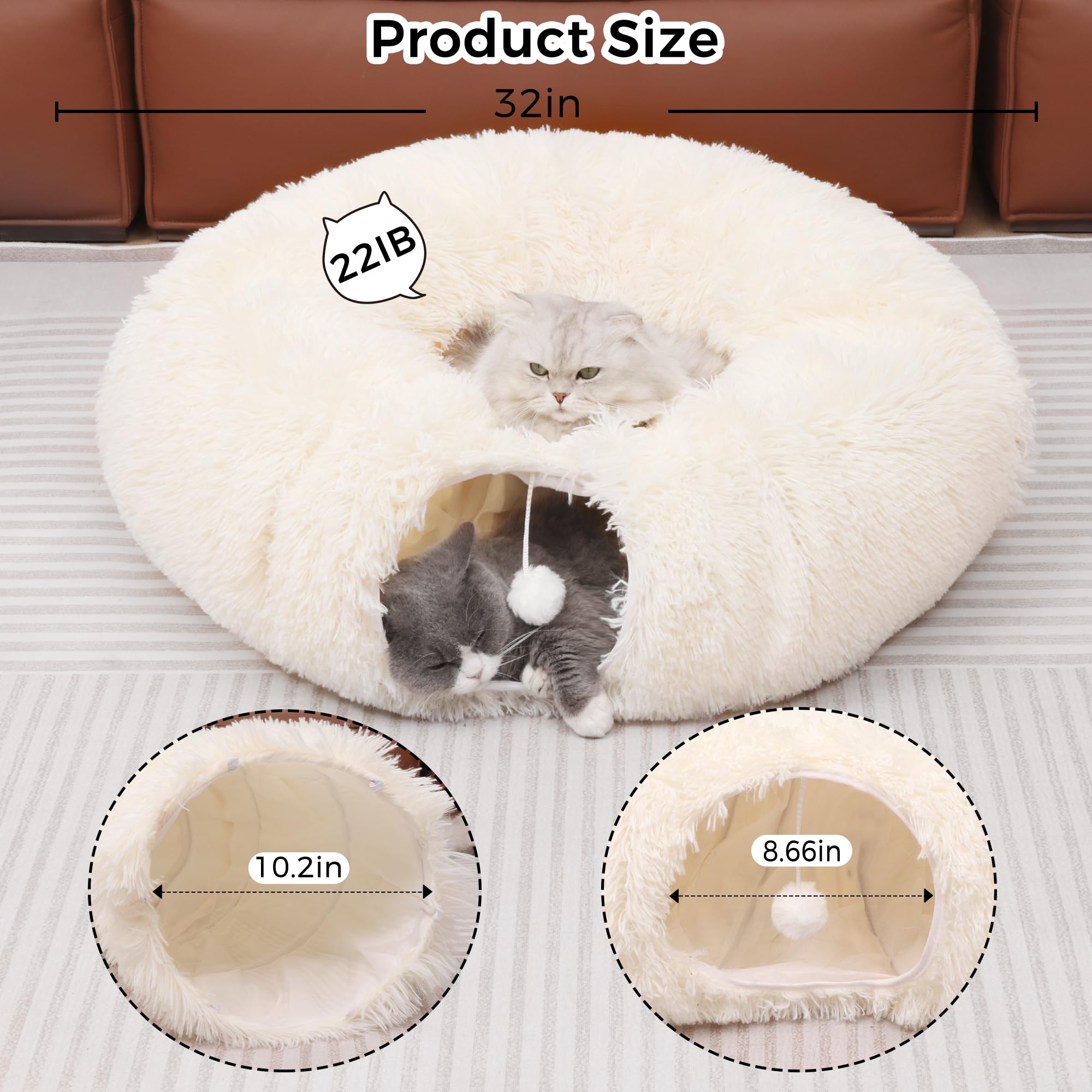 Túnel de felpa para gatos con cama para gatos de interior, túnel multifuncional para gatos pequeños, medianos y grandes, gatitos, conejos, cachorros (blanco)