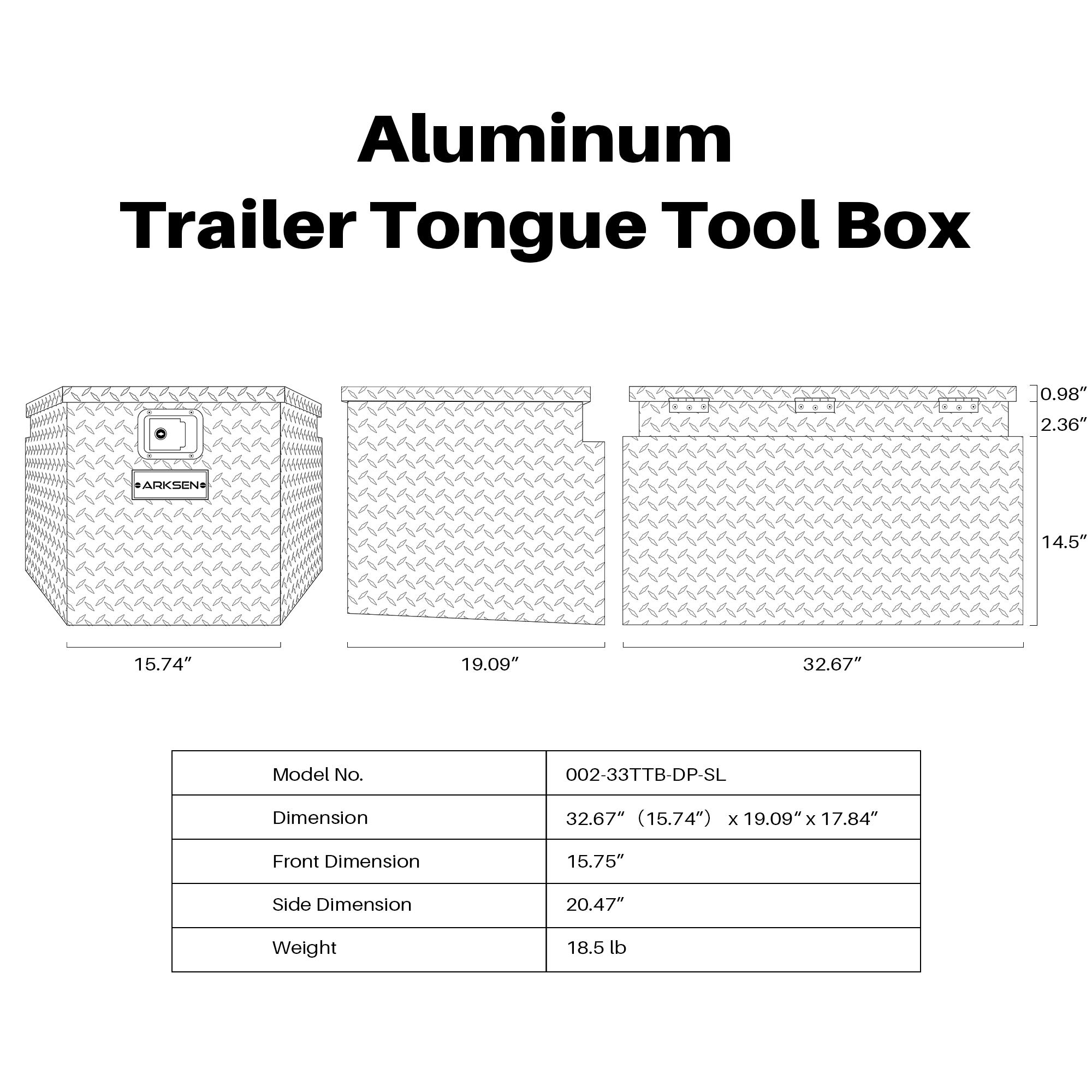 ARKSEN 33 Inch Heavy Duty Diamond Plate Aluminum Trailer Tongue Box Pickup Truck Tool Box