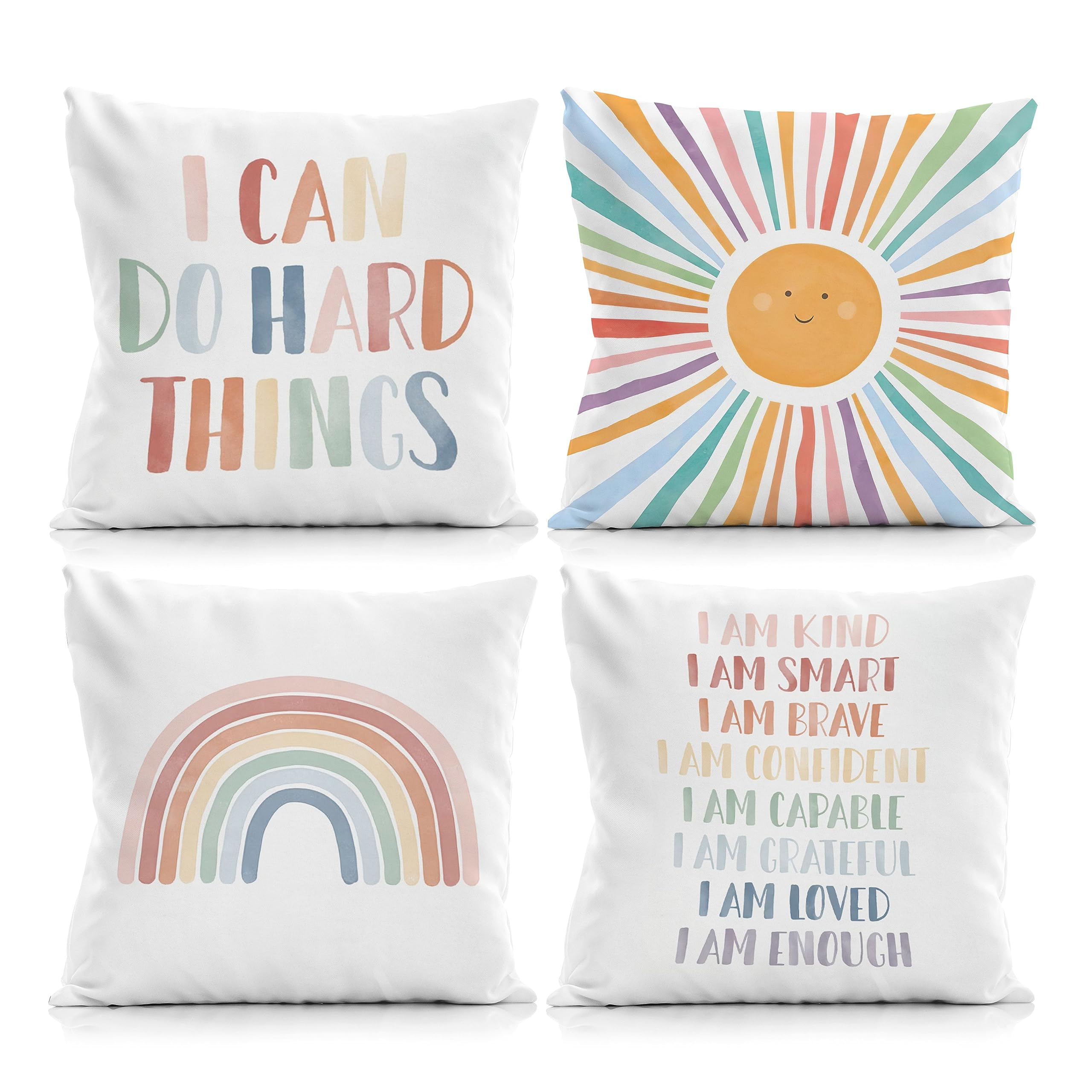 Boho-Kissenbezüge für Kinderzimmer, Sonne, inspirierende Affirmationen, 45,7 x 45,7 cm, 4 Stück, positive Sprüche, dekorative Kissenbezüge, Boho-Sonnen-Kissenbezüge für Kinderzimmer-Dekoration
