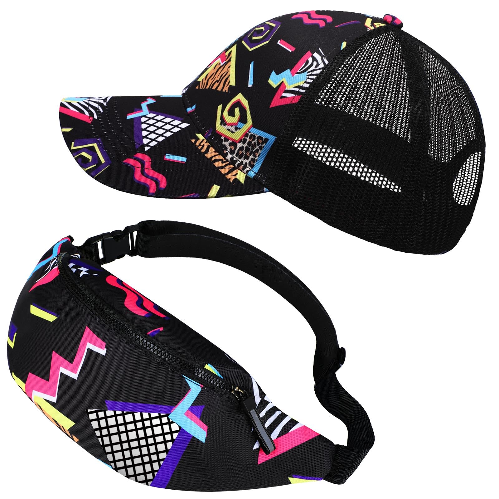 Velmitten 2 Pcs Retro 80s 90s Outfits for Women Men Fanny Pack and Hat Costumes Accessories for Party Decorations