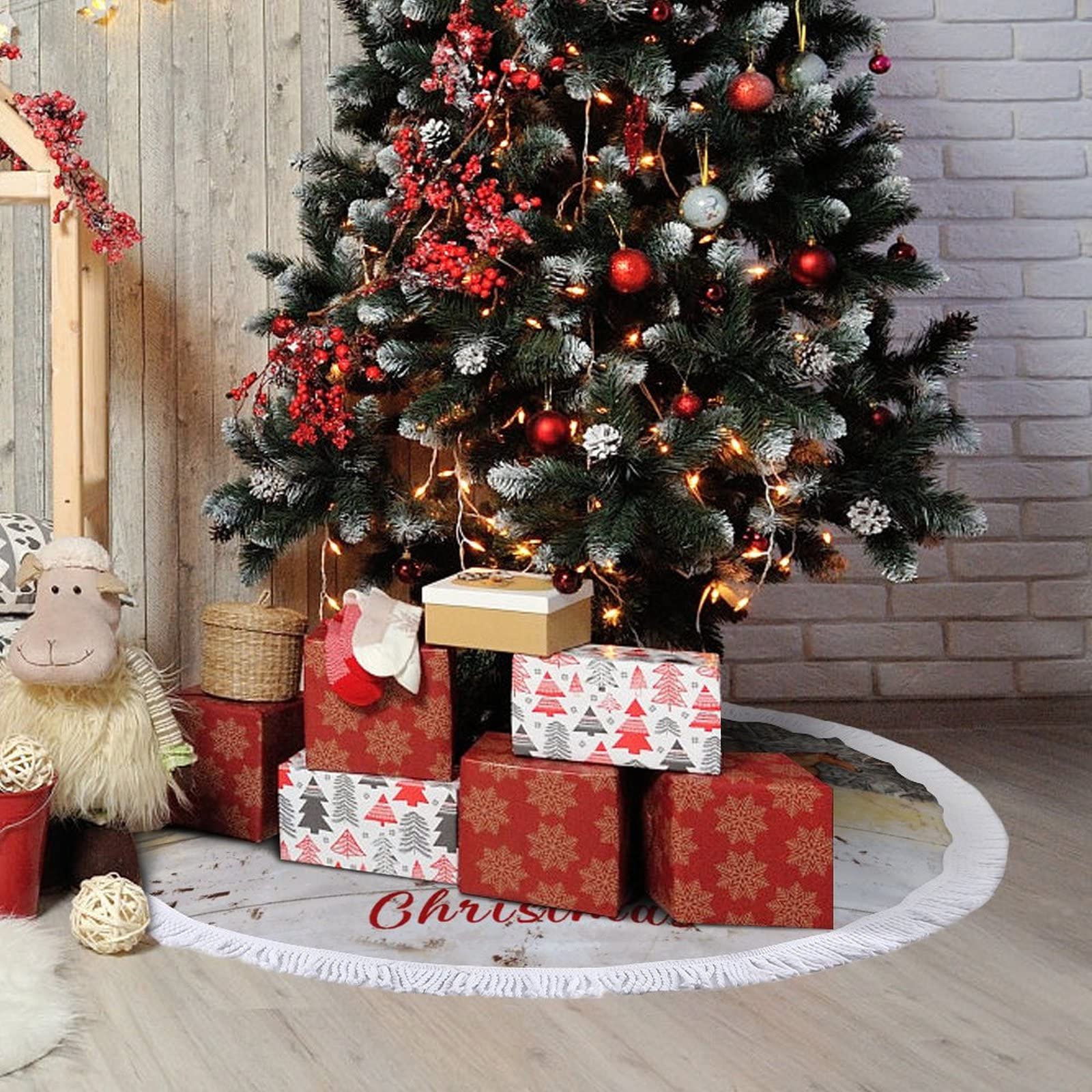 Falda De árbol De Navidad Roja De Felpa - Tapete Decorativo 120 Cm, Con Motivos Navideños