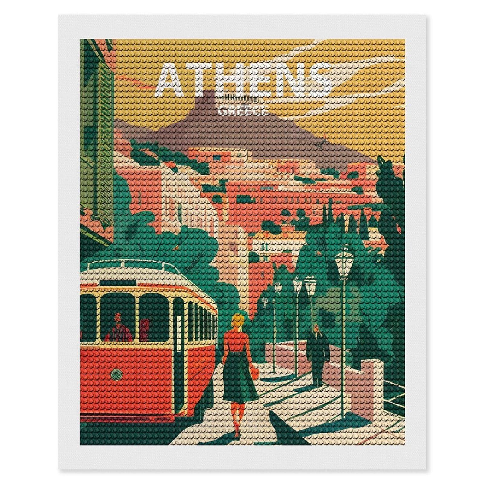 Junmoney Athens Retro Diamond Painting Kit 16"x20", Thoughtful Handmade Gift, for Creative Relaxation, Printed Canvas, Cosy Home Accent