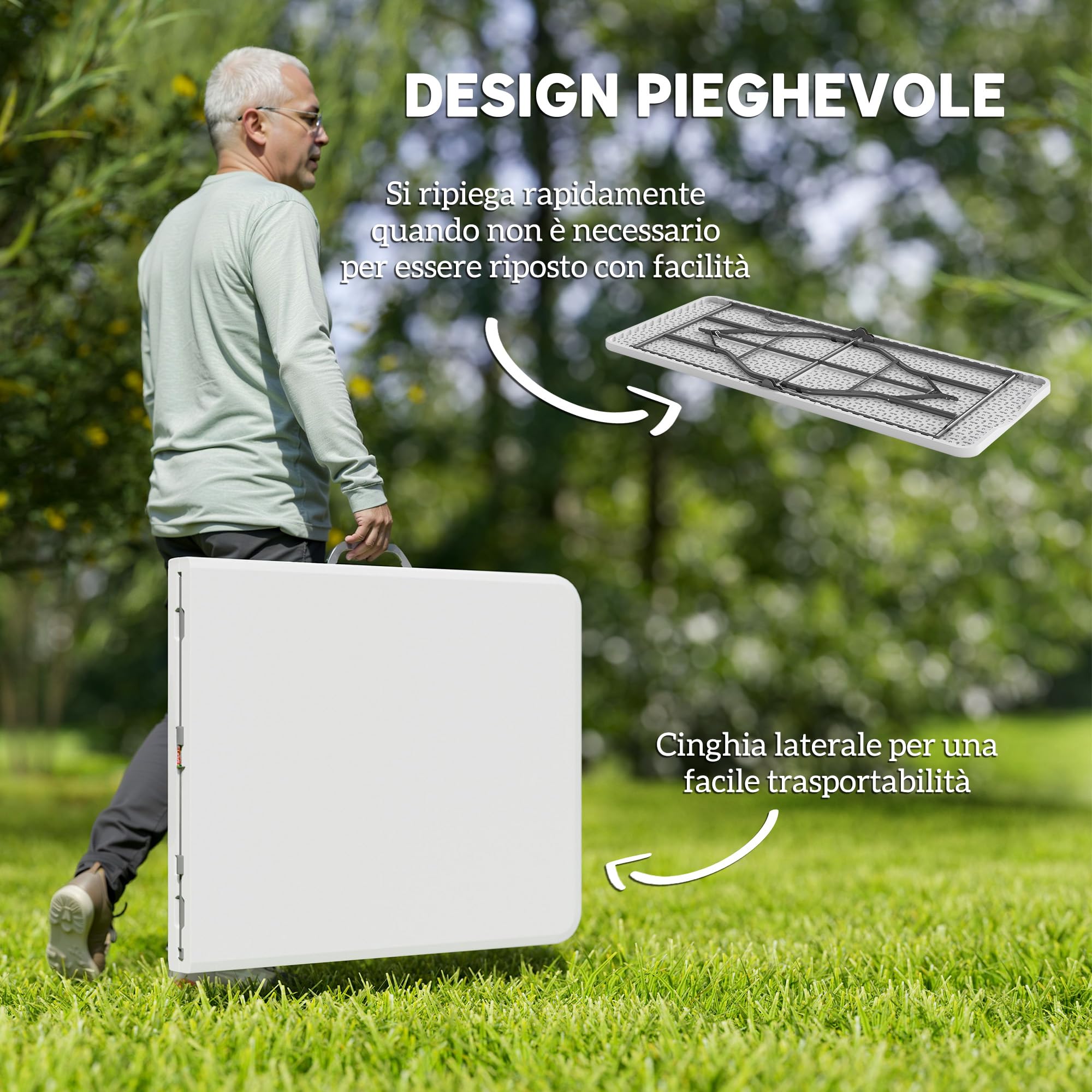 Outsunny Tavolo da Campeggio Pieghevole 180x74x74 cm Bianco, Tavolino da Esterno con Telaio in Metallo