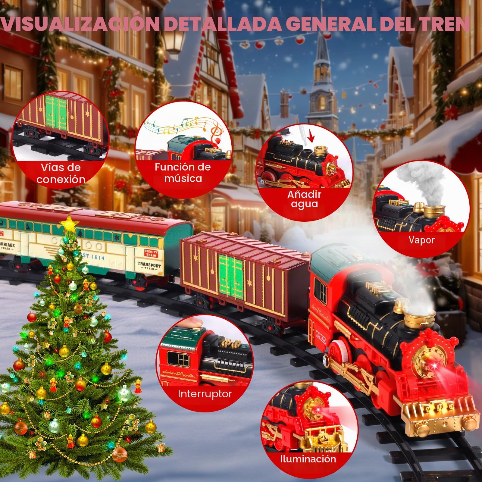 Tren Juguete para Niños, Tren de Navidad Eléctrico de Vapor con Spray, Luces y Sonido, Decorar Árbol de Navidad, Regalos para Niños y Niñas Mayores de 3 4 5 6 7 8 Años