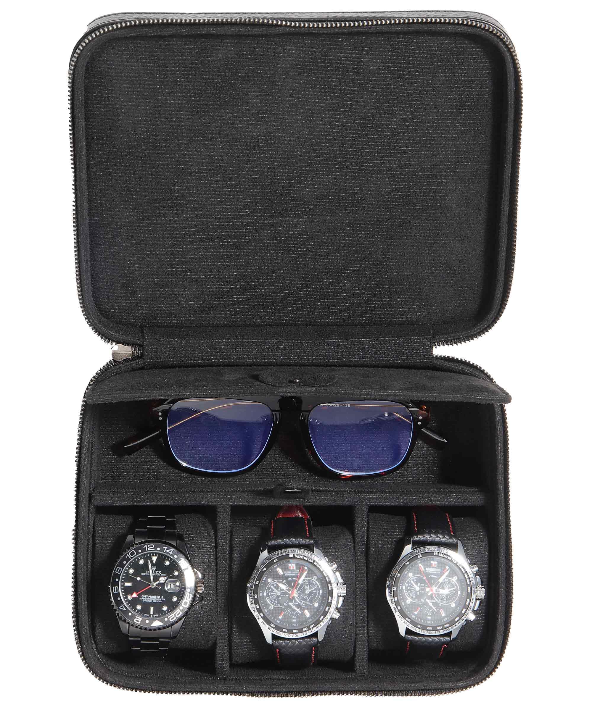 Uhrenbox aus echtem Leder für Herren, Reiseetui mit Brillenfach, Tragetasche aus genarbtem Echtleder für 3 Uhren, Uhren-Reiserolle, Reißverschluss (Schwarz)