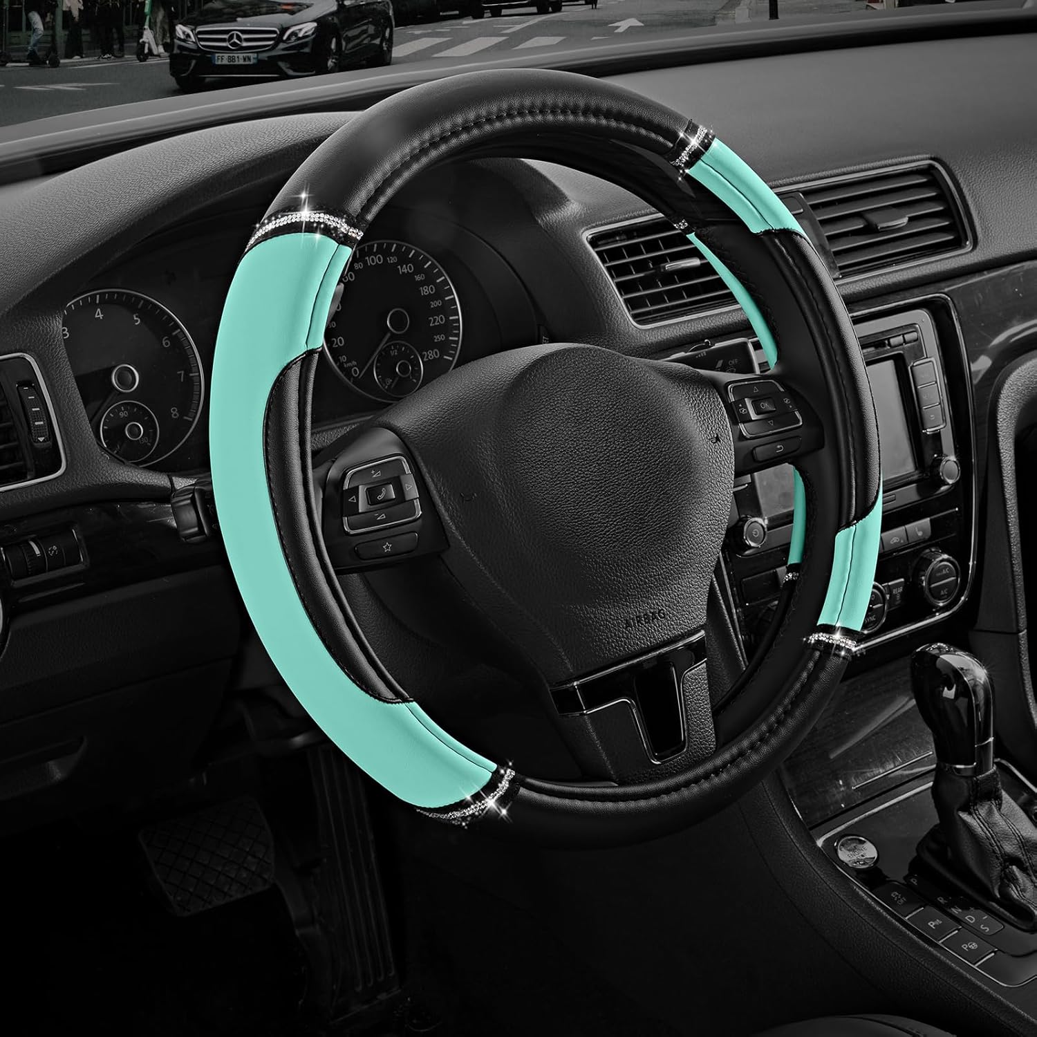Road Comforts Leather Steering Wheel Cover - Made with PVC Leather - Anti-Slip, Universal Fit 14 1/2 inches to 15 inches - Mint - Image 8