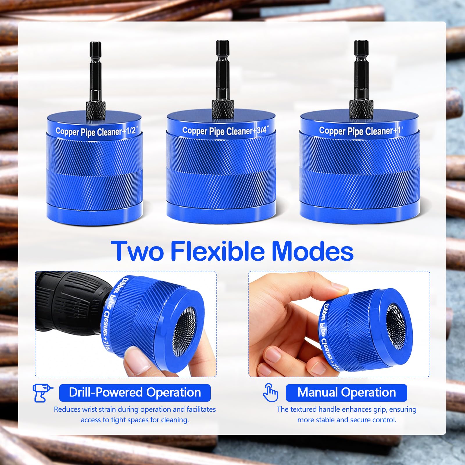 Limpiador De TuberíAs De Cobre, Cepillo Multifuncional De 15 Mm 22 Mm 28 Mm Para Limpiar TuberíAs De Cobre De 1/2" 3/4" Y 1" Con VáStago Hexagonal De 1/4" Y 3 Cuchillas Para Eliminar óXido (Azul)