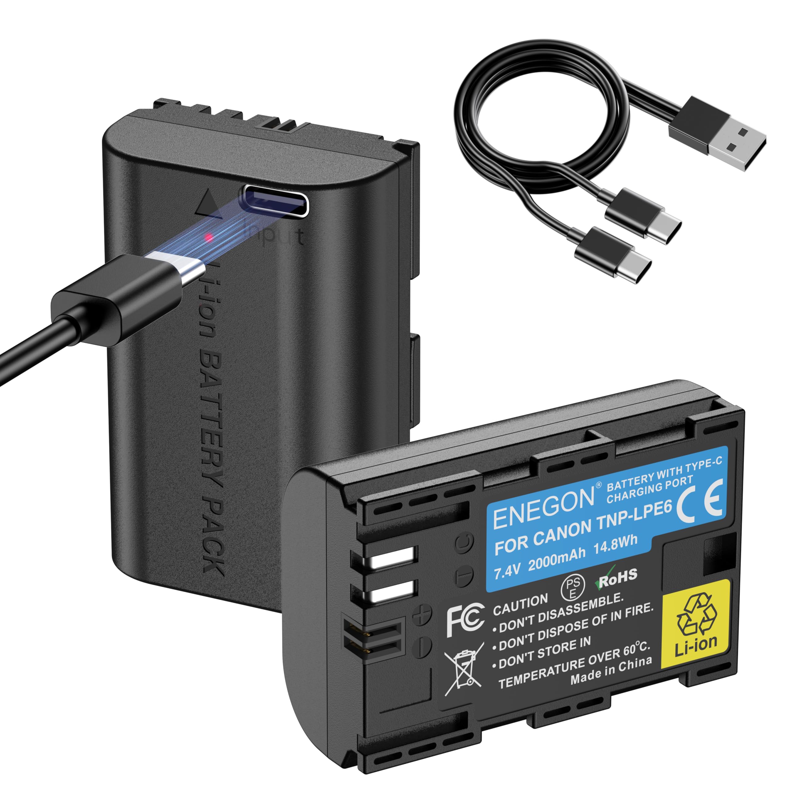 ENEGON LP-E6/LP-E6N USB-C batería de Repuesto (2 * 2000mAh, Carga Directa) para Canon LP-E6, Compatible con EOS 5D/5D III/5D IV, 6D/6D II, 60D/70D/80D/90D