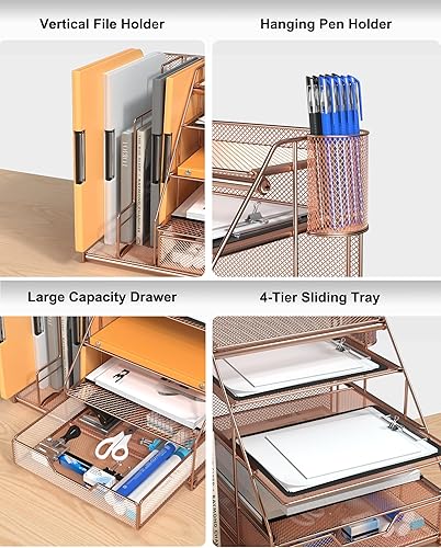 Miniatura 5 de Organizador de escritorio de oro rosa y almacenamiento de accesorios con bandeja de papel de 5 niveles, organizador de escritorio de malla con
