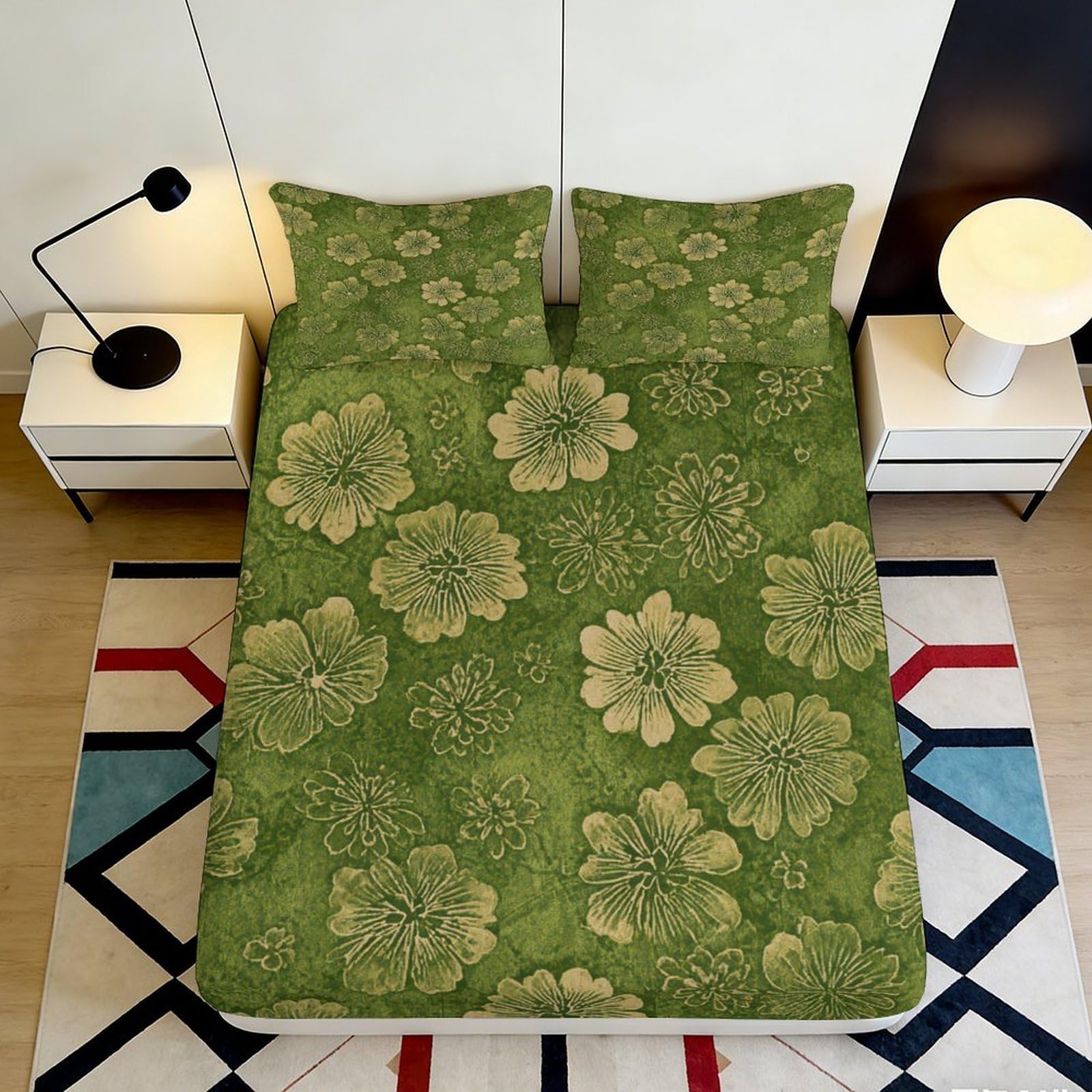 Uxinyoume Style-9 3D Printed Green Botanical Fitted Sheet Microfiber Floral Bed Cover Anti-Slip Washable For Bedroom Guestroom Decor 90X200x25cm