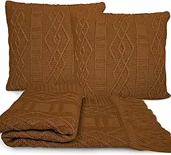 Manta Tricot Sofa Decorativa 150x90cm +2 Capas Almofada A03 (COGNAC)